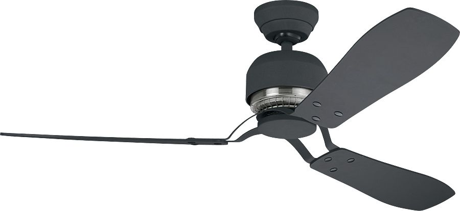 Dunkelgrauer Deckenventilator mit drei Flügeln, isoliert auf Weiß.