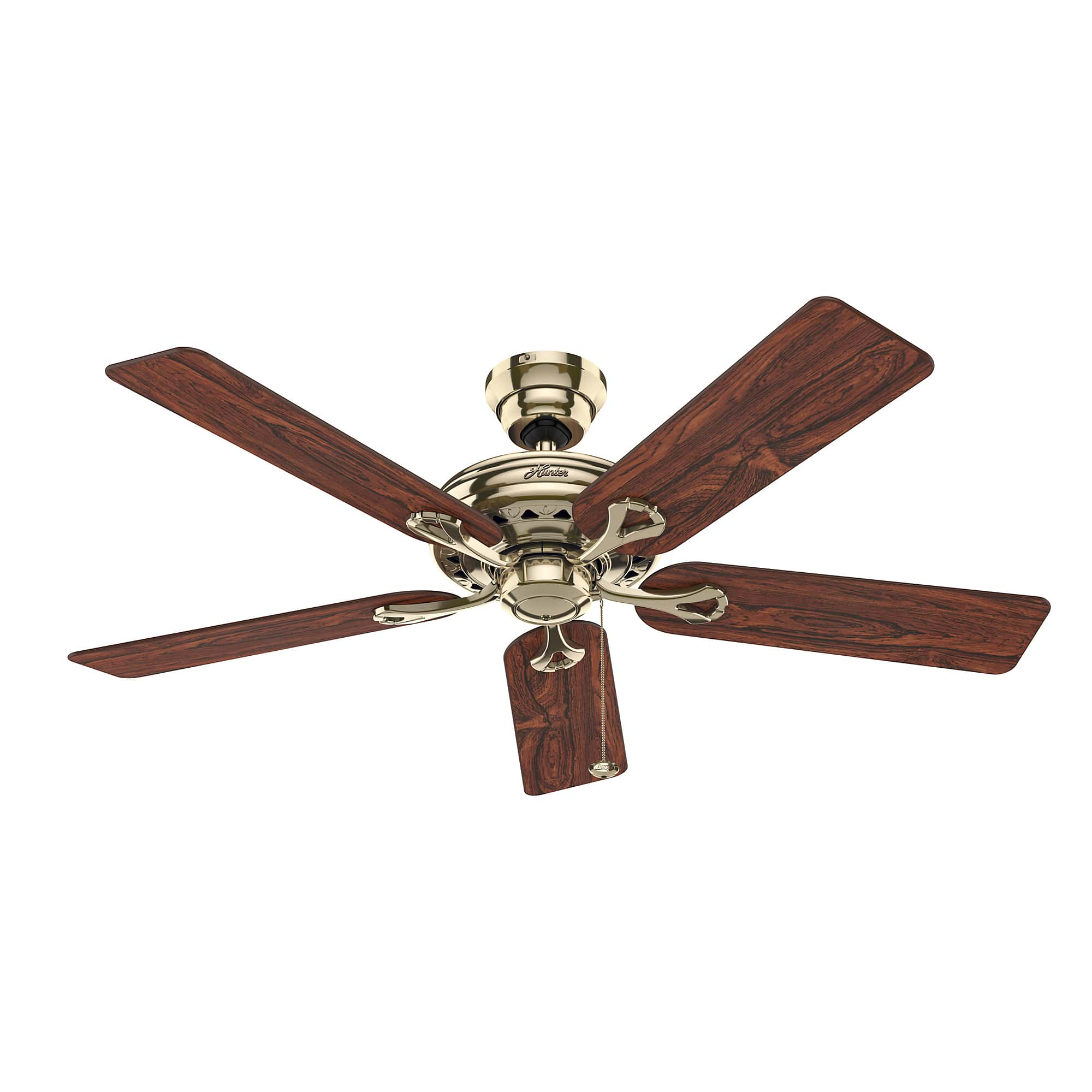 Ein Deckenventilator mit fünf Holzflügeln, einem Messingmotorgehäuse und einer Zugkette.