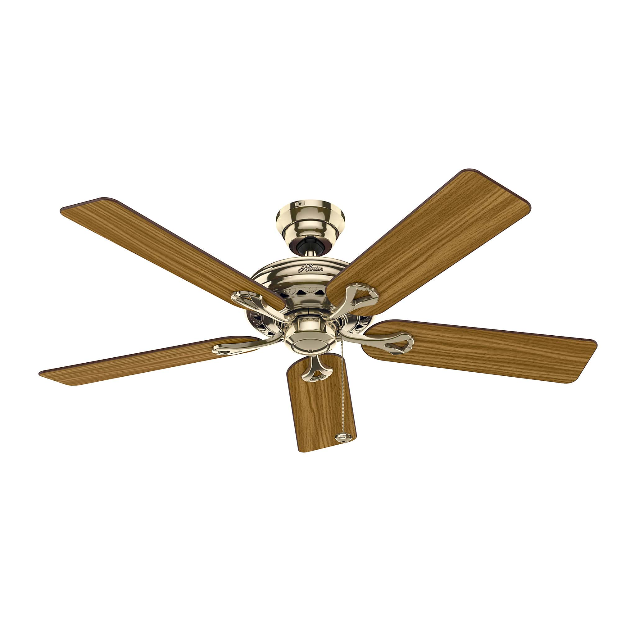 Ein Deckenventilator mit fünf Holzblättern und einem messingfarbenen Motorgehäuse.