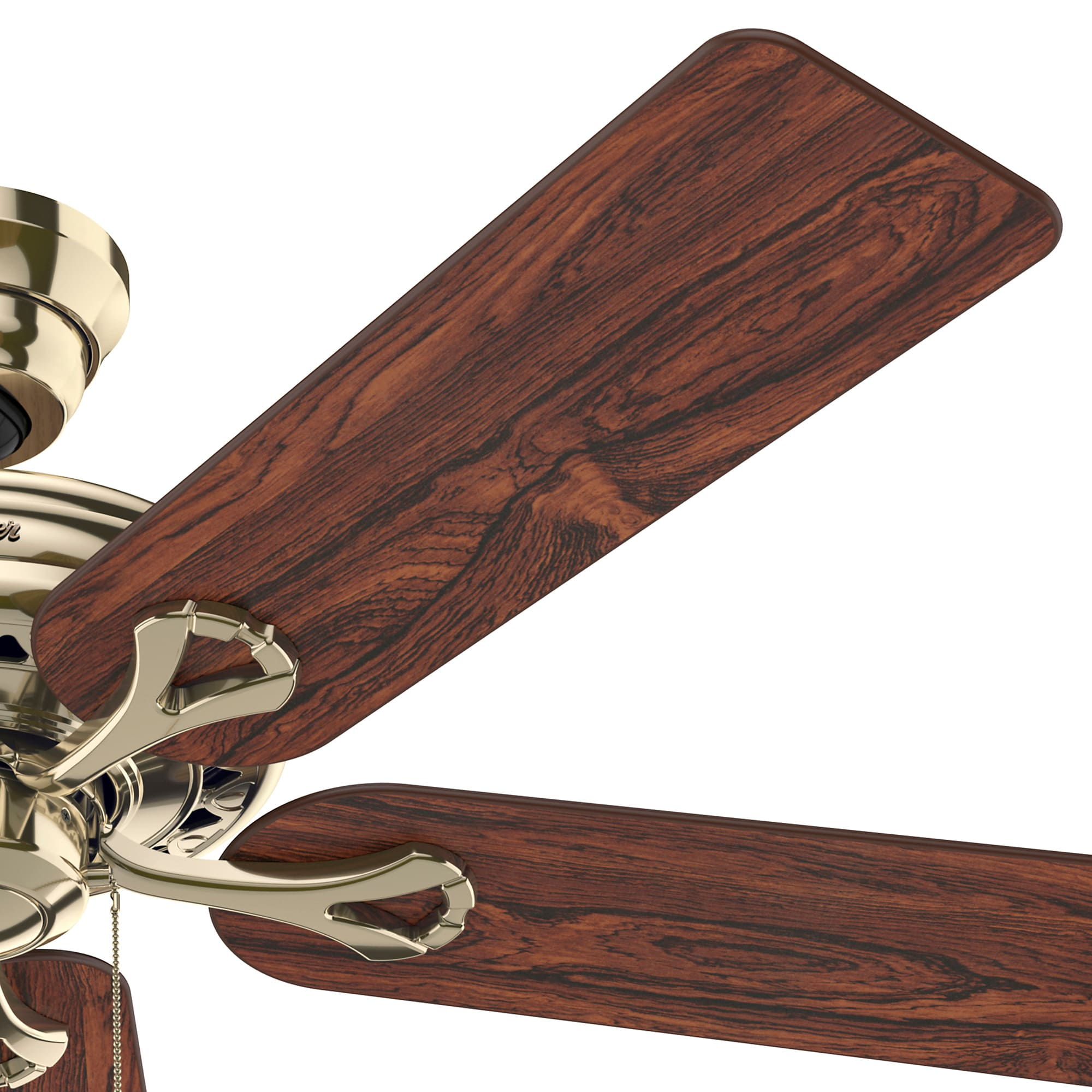 Deckenventilator mit Holzmaserung und goldenen Akzenten vor weißem Hintergrund.