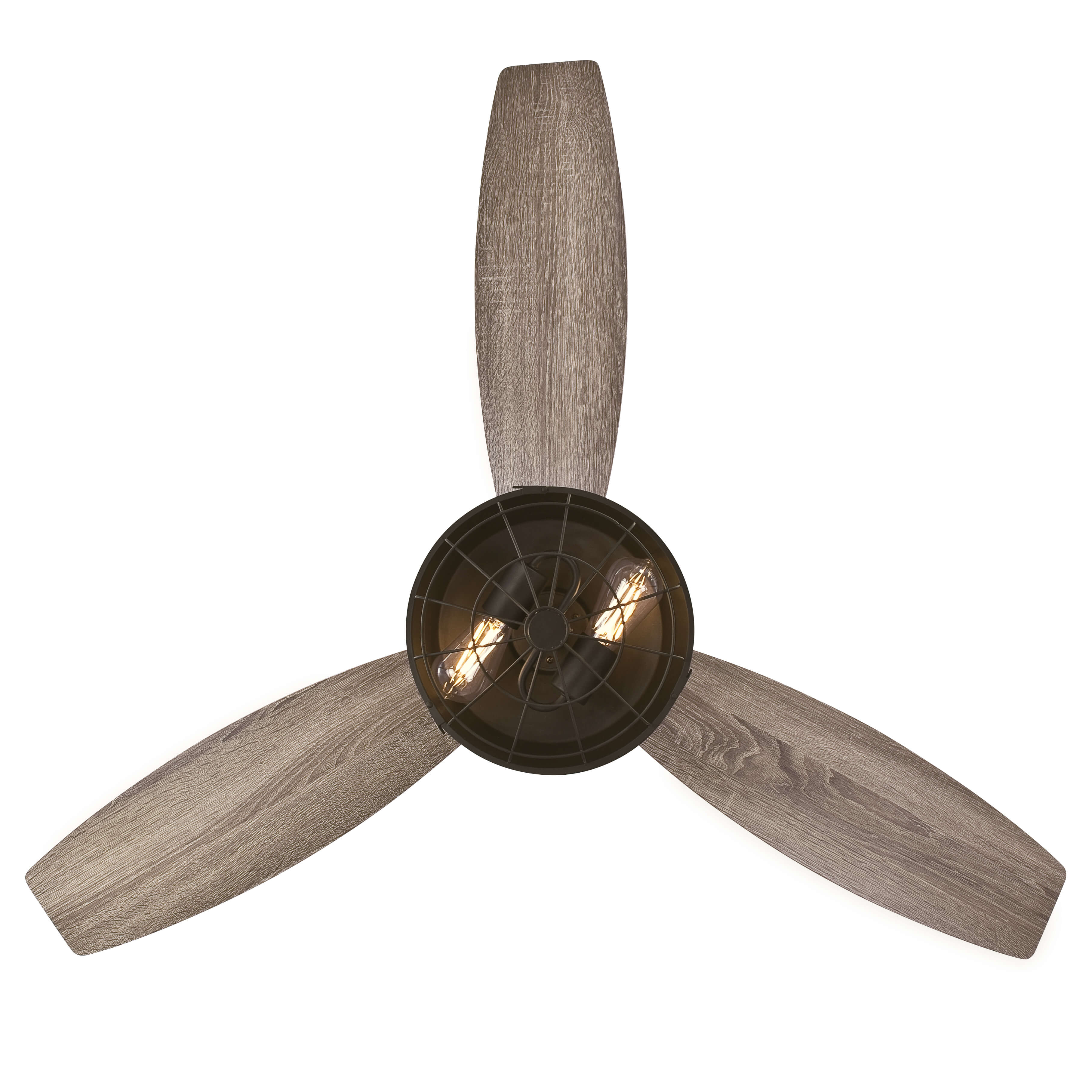 Deckenventilator mit drei grauen Flügeln, einem schwarzen Käfig mit zwei Lichtern. Weißer Hintergrund.