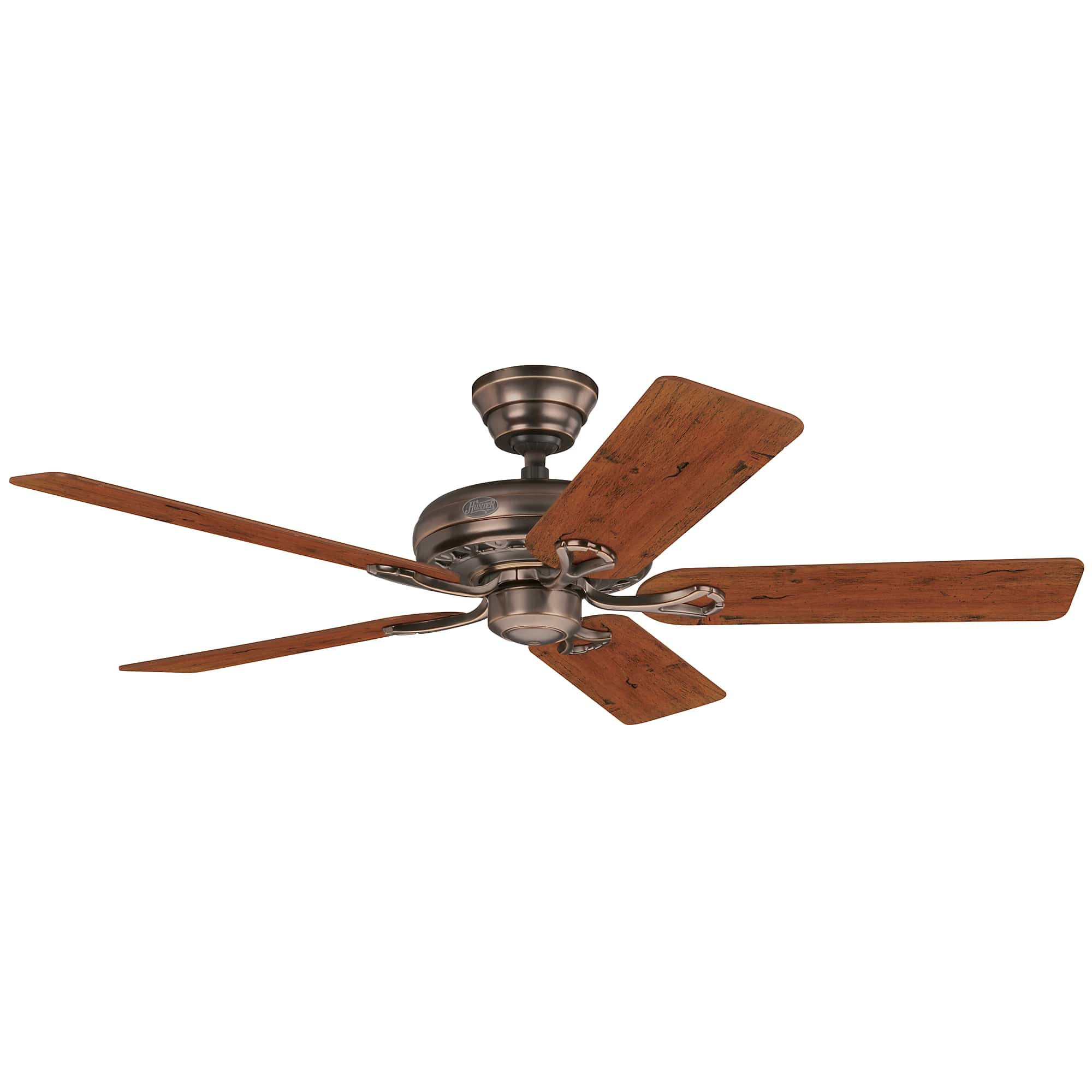 Ein Deckenventilator mit 5 Holzblättern, Bronze-Motor, an einer weißen Decke montiert. Die Blätter sind gebogen.