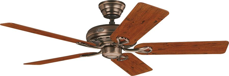 Deckenventilator mit fünf Holzblättern und einem bronzefarbenen Motorgehäuse.