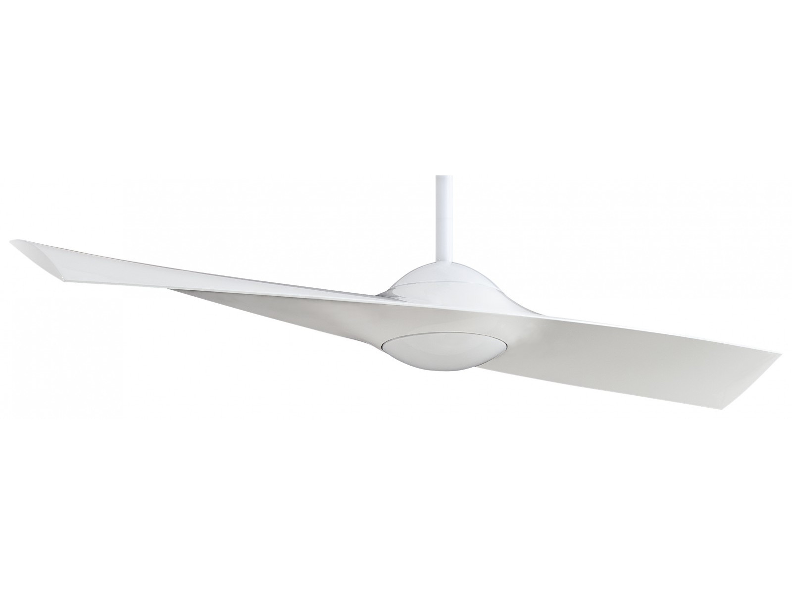 Weißer Deckenventilator mit zwei gebogenen Flügeln auf weißem Hintergrund.