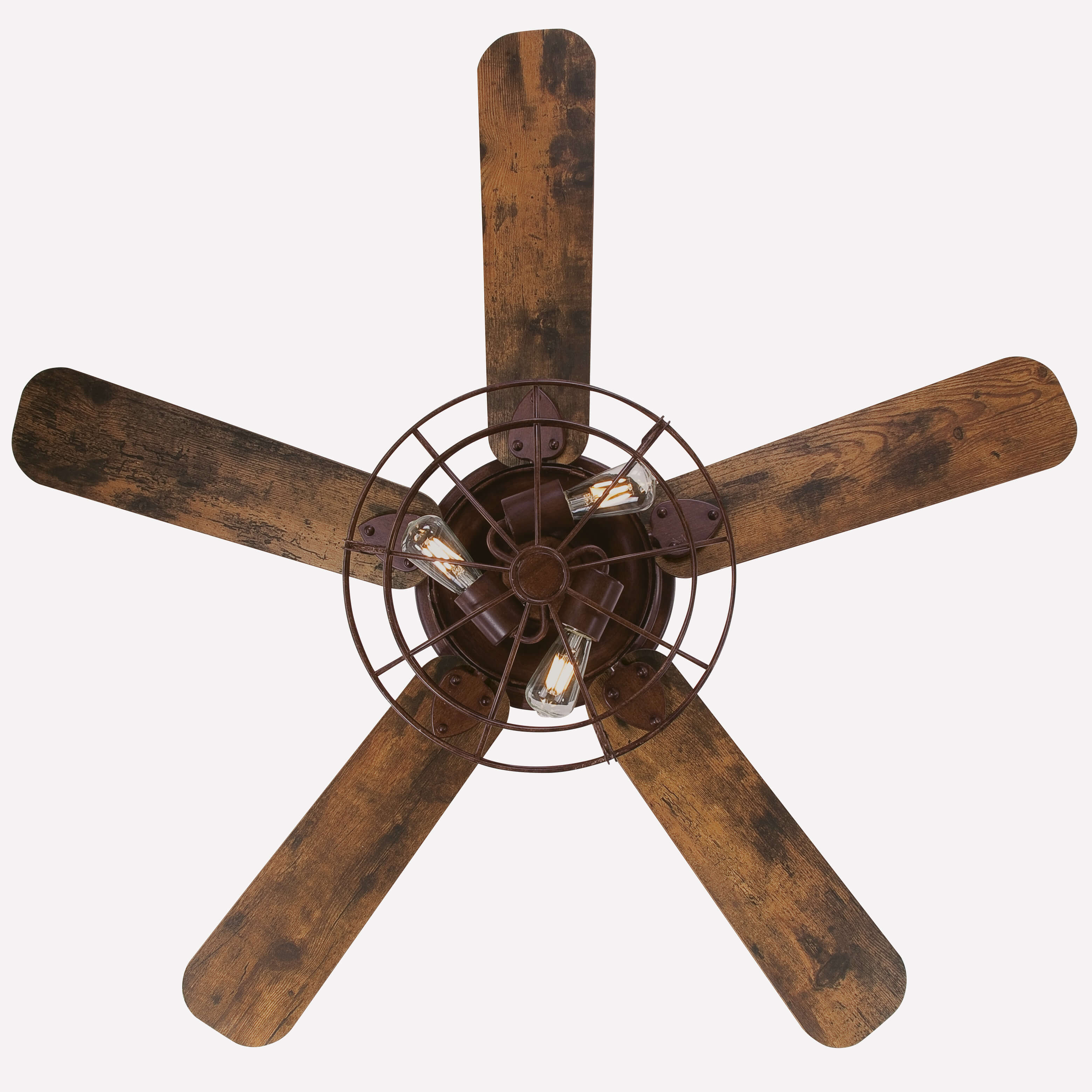 Deckenventilator mit braunen Holzflügeln und Käfig.