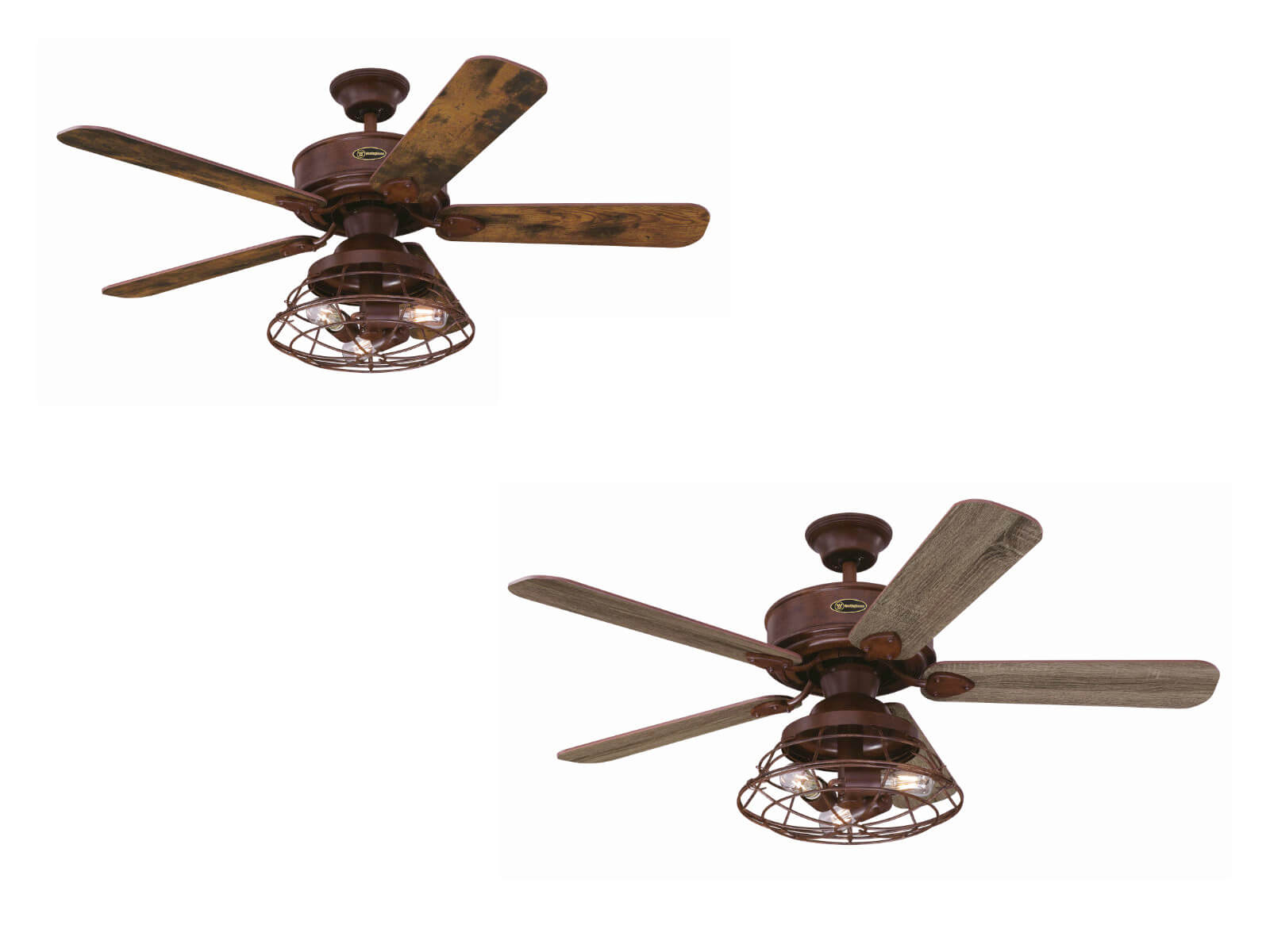 Zwei Deckenventilatoren mit je fünf Holzflügeln, einem Bronzemotor und einer vergitterten Leuchte.