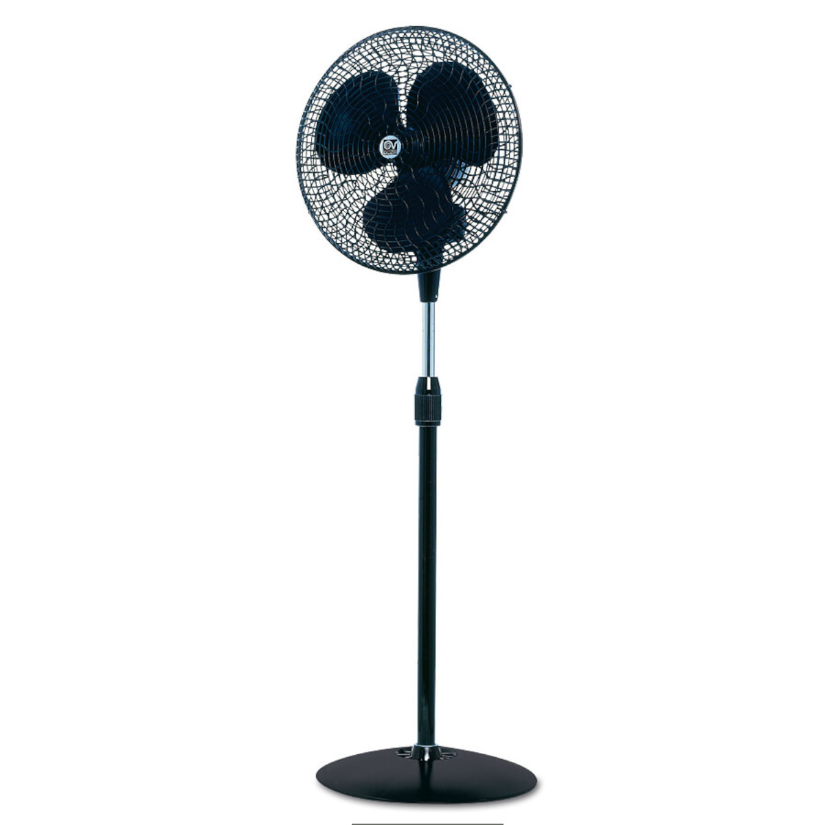 Ventilatore a piantana nero con griglia e base circolari.