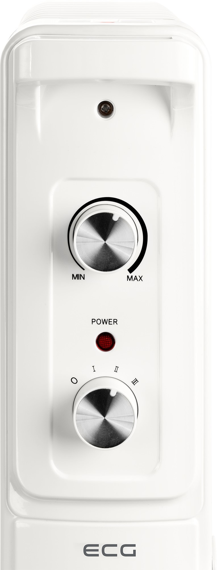 Biały, pionowy grzejnik pokazujący pokrętła sterowania i logo marki na dole.