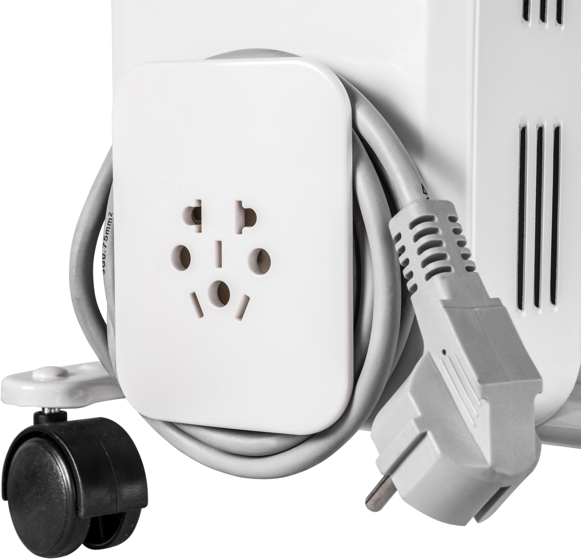 Biały grzejnik elektryczny z gniazdkiem i kablem oraz czarnym kółkiem.