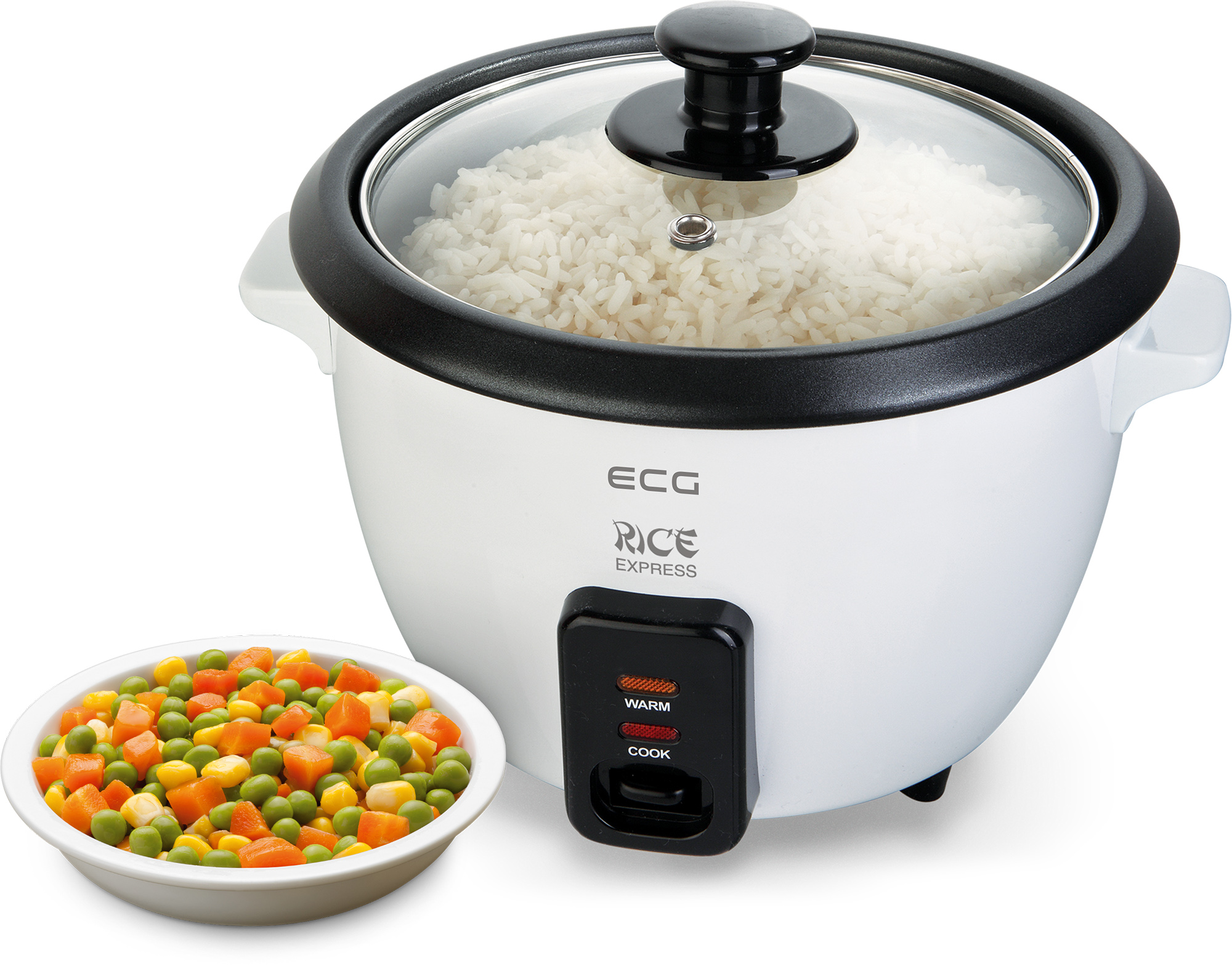 Biały garnek do ryżu z miską mieszanych warzyw. Szklana pokrywa. Czarne akcenty.