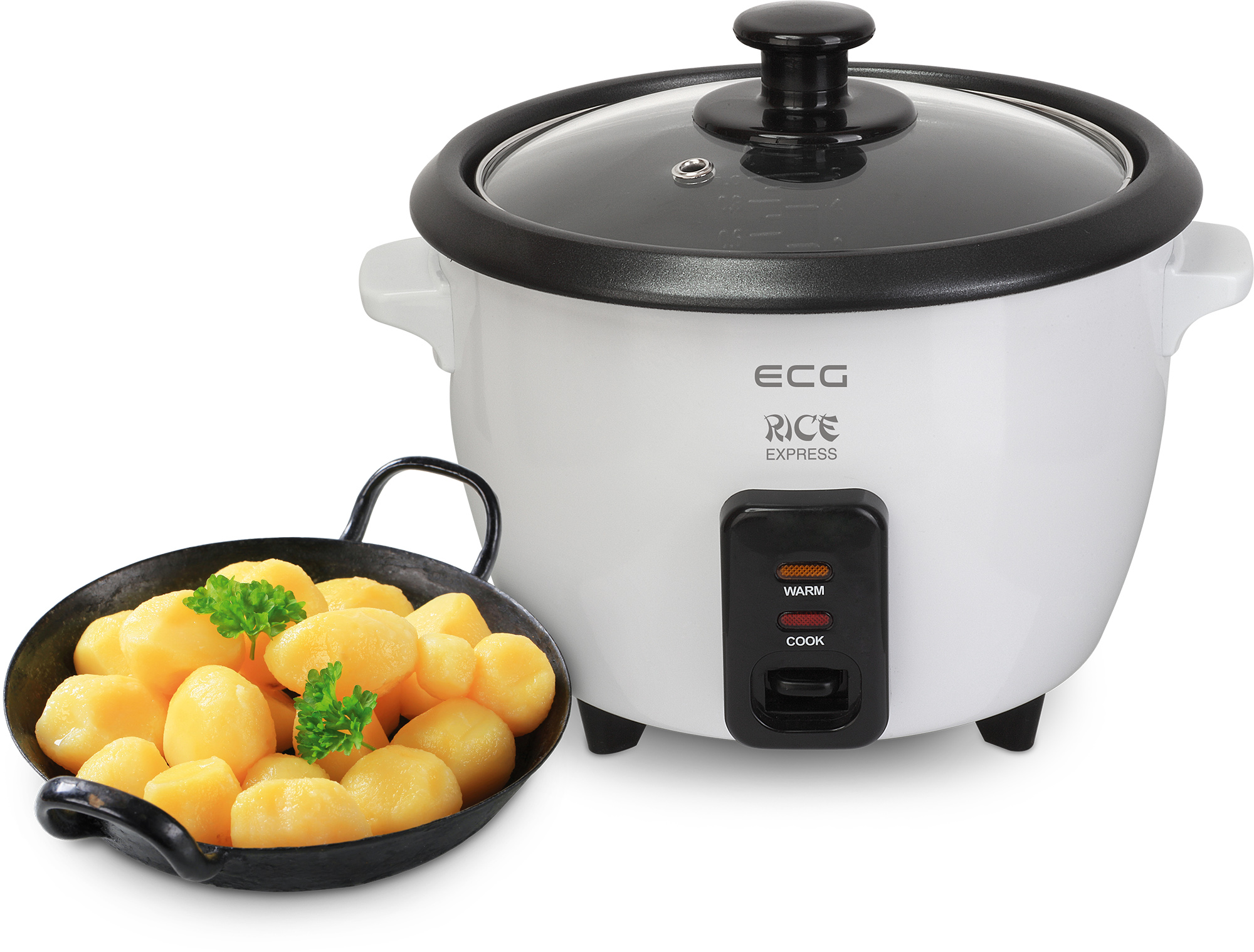 Biały garnek do gotowania ryżu z ziemniakami na patelni po lewej stronie. Przezroczysta pokrywa z parą.