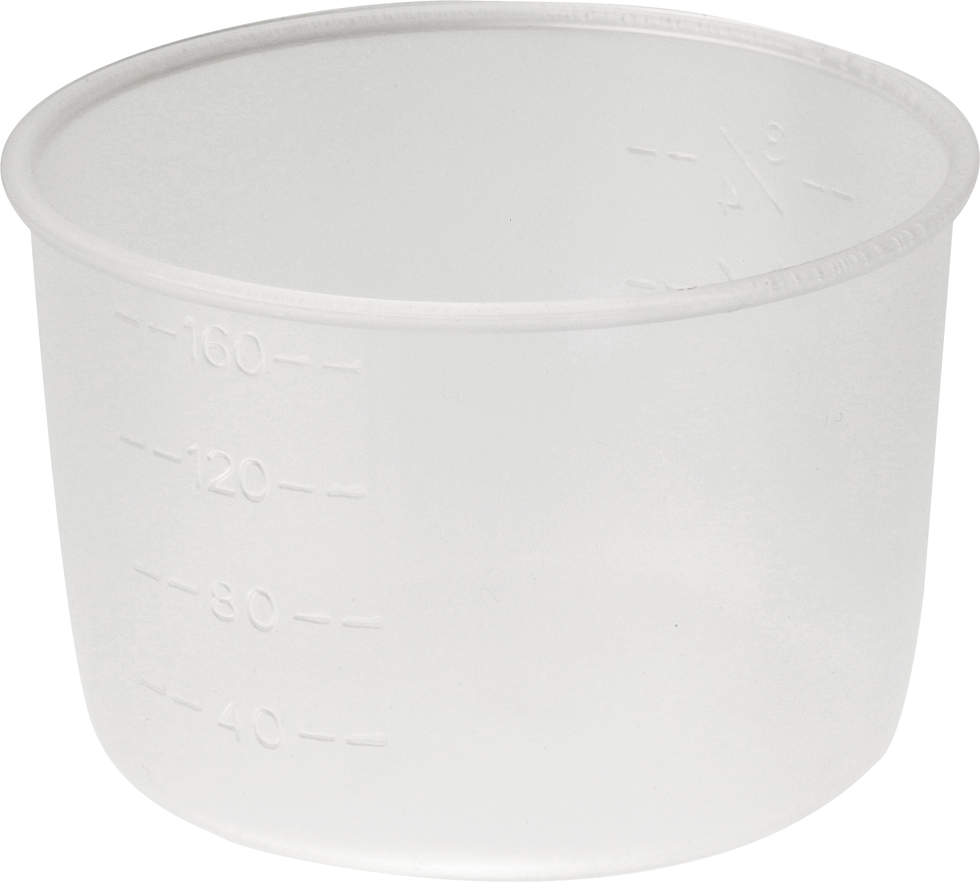 Przezroczysty kubek z miarką z oznaczeniami dla różnych objętości.