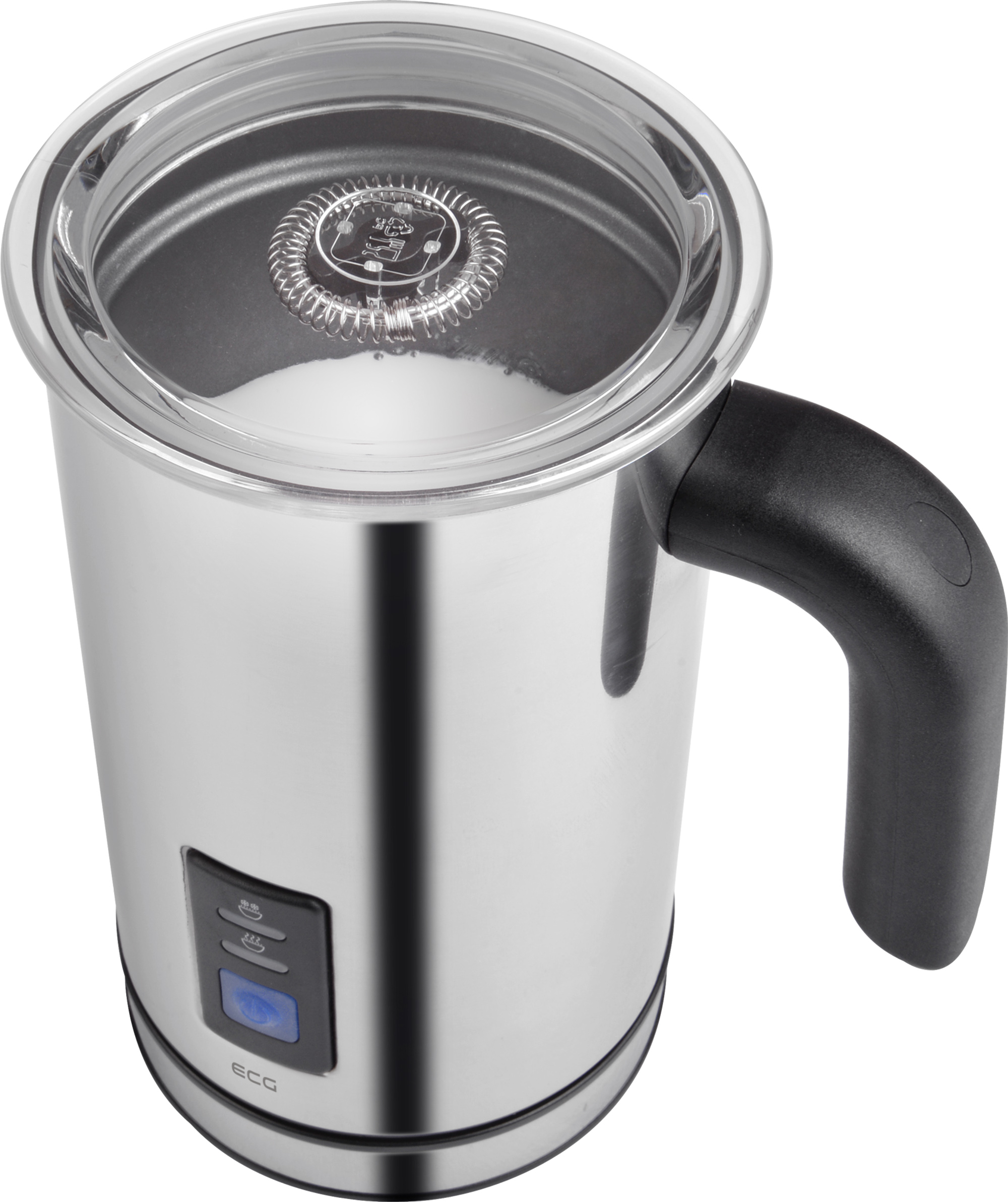 Srebrny spieniacz do mleka z czarnym uchwytem i przezroczystą pokrywą.