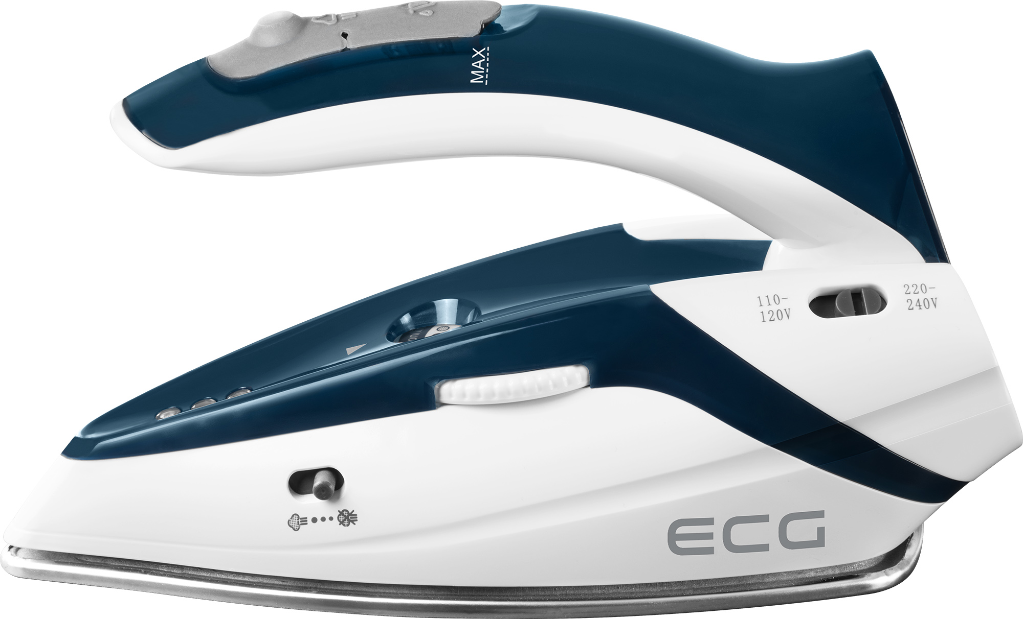 Ein weißes und blaues Bügeleisen mit dem Text ECG. Es zeigt die Spannungseinstellungen 110-120 V und 220-240 V.