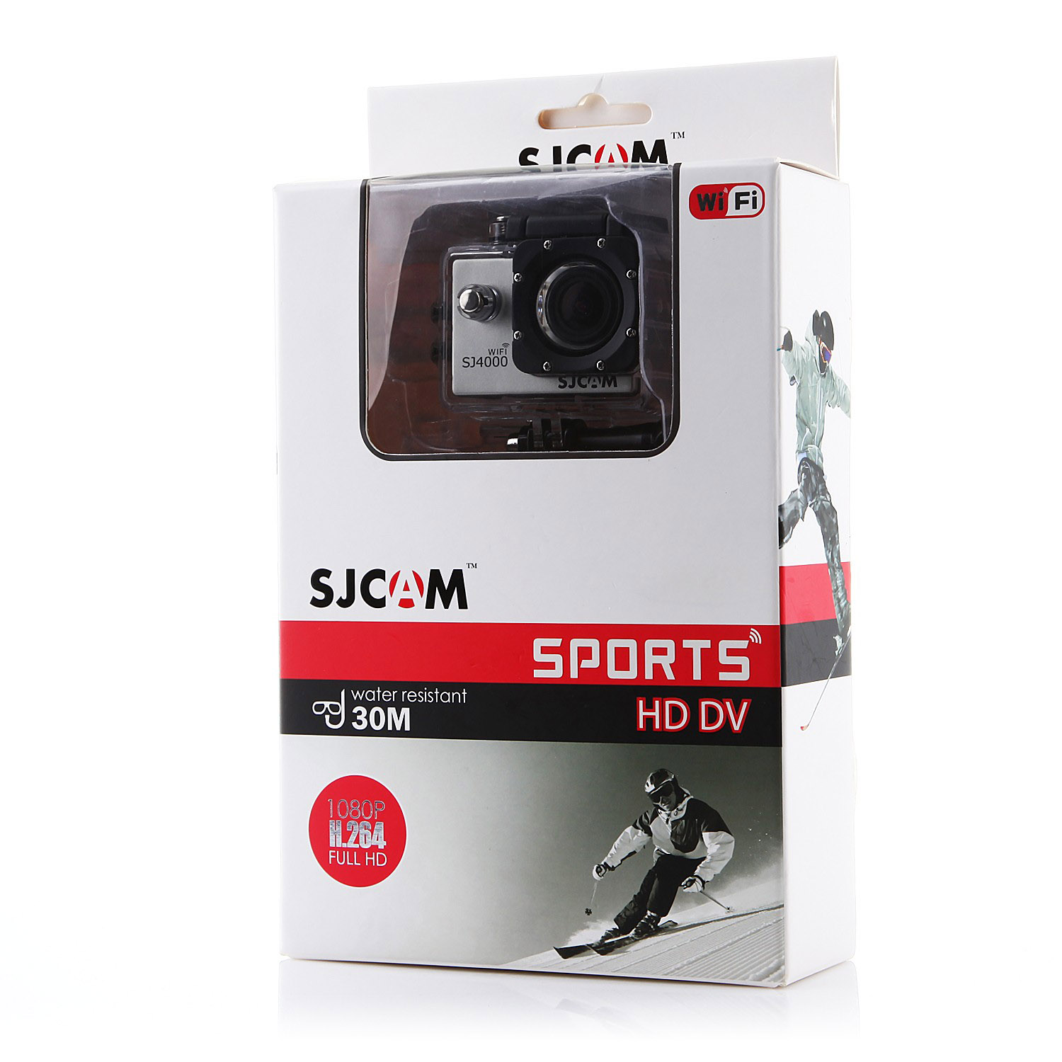 Kamera sportowa SJCAM w pudełku. Pokazuje kamerę z wyświetlaczem i napisem "SPORTS HD DV".