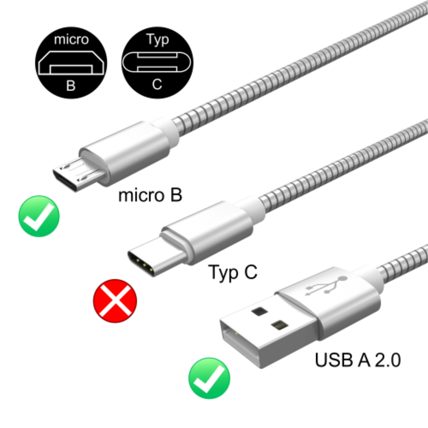 Silber micro USB 1,0m USB zu AIXONTEC Edelstahl A, Kabel 2x USB B