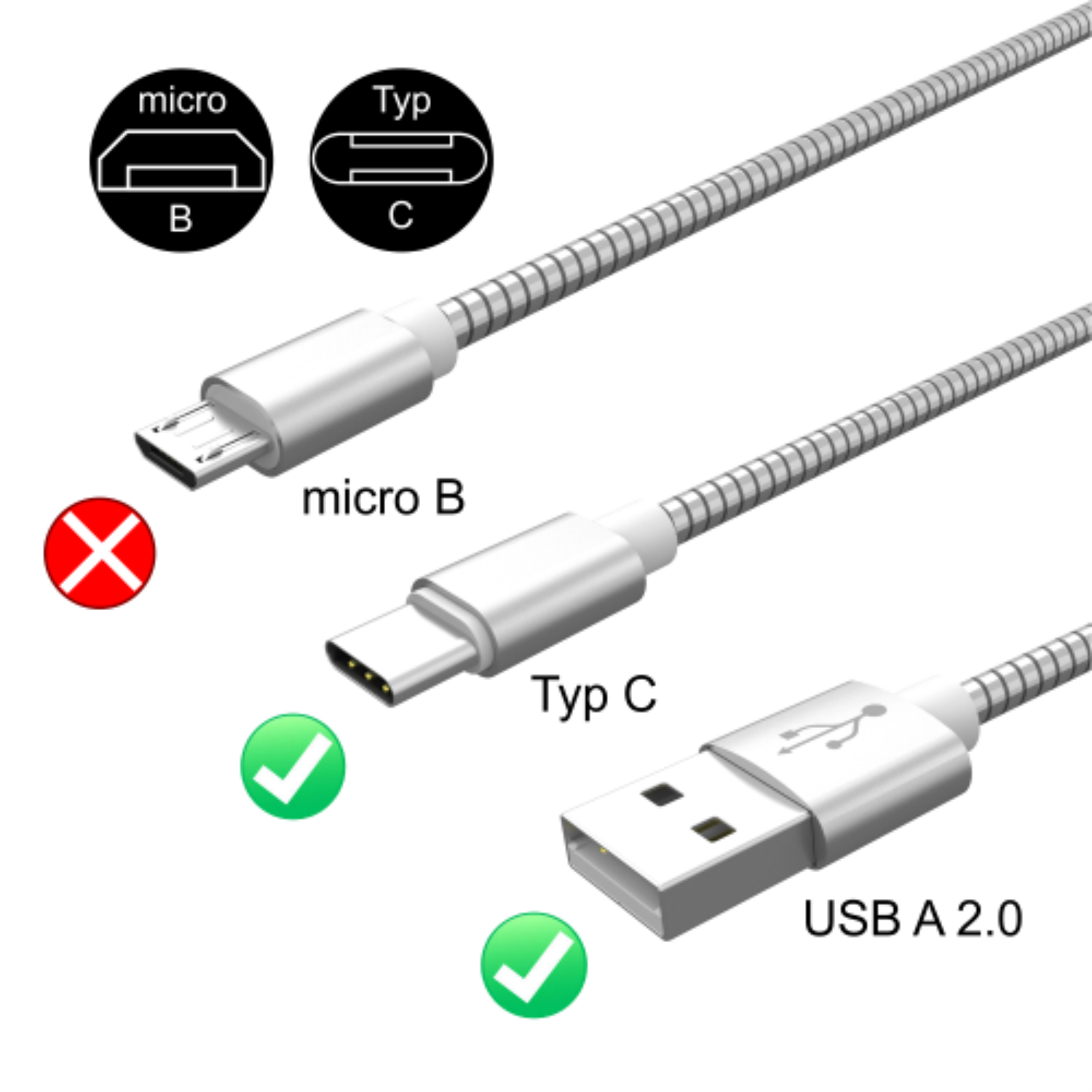 AIXONTEC 2x 1,0m Edelstahl A, C USB Silber USB Kabel zu USB