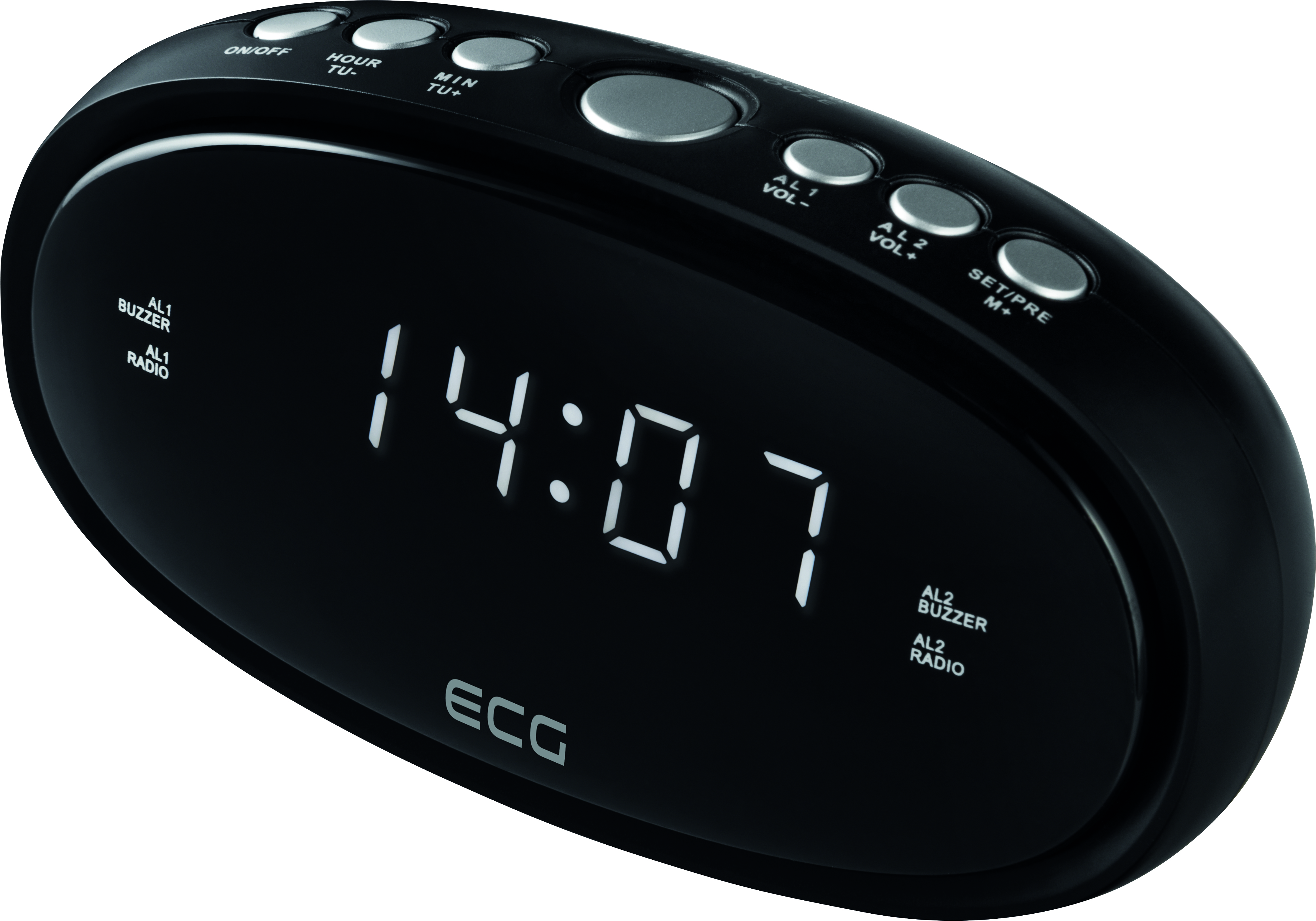 Schwarzer digitaler Wecker. Zeigt die Zeit 14:07 an. Hat Knöpfe für Einstellungen.