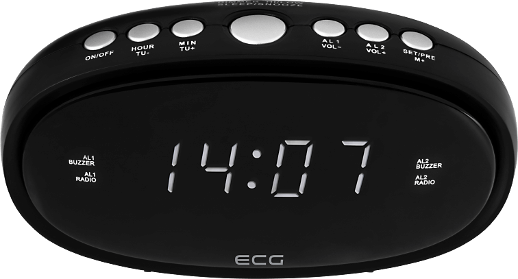 Ein schwarzer digitaler Wecker zeigt 14:07 an. Er hat Tasten für Ein/Aus, Stunde, Minuten, Lautstärke und Einstellen. Die Marke ist ECG.