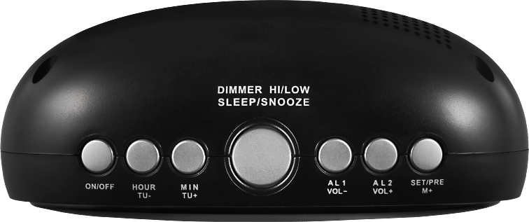 Schwarzer Wecker mit Knöpfen: On/Off, Hour, Min, Al 1, Al 2, Set. Funktionen: Dimmer, Sleep/Snooze.