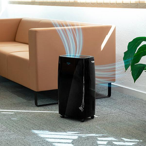 Czarny osuszacz powietrza obok beżowej sofy, z niebieskimi liniami przepływu powietrza i rośliną po prawej.