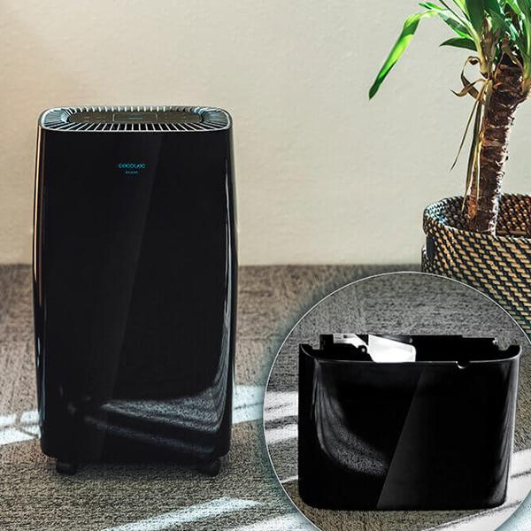 Czarny oczyszczacz powietrza na dywanie. Jest czarny pojemnik i roślina w doniczce.