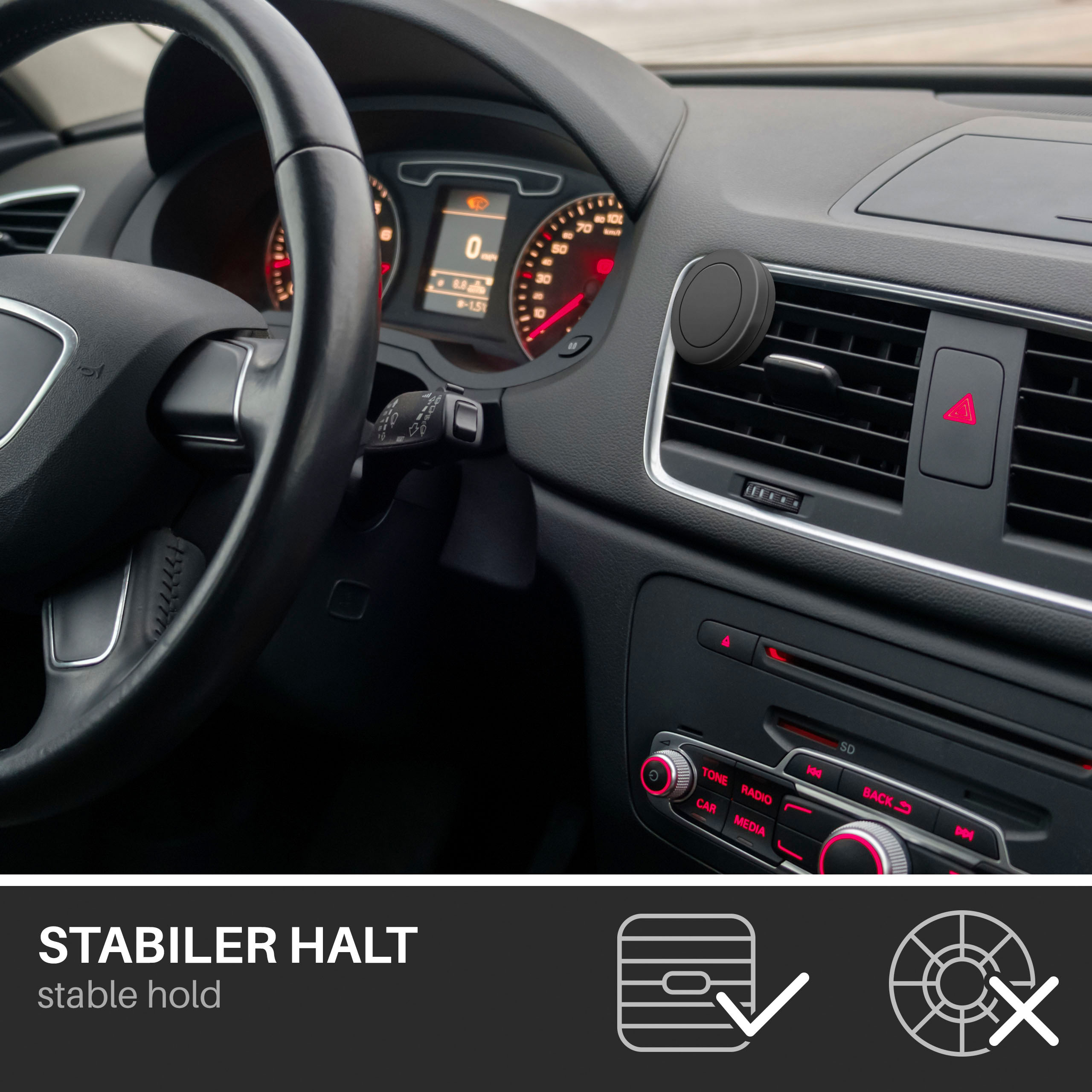 Auto-Innenraum mit Telefonhalterung am Lüfter und Text "STABILER HALT".