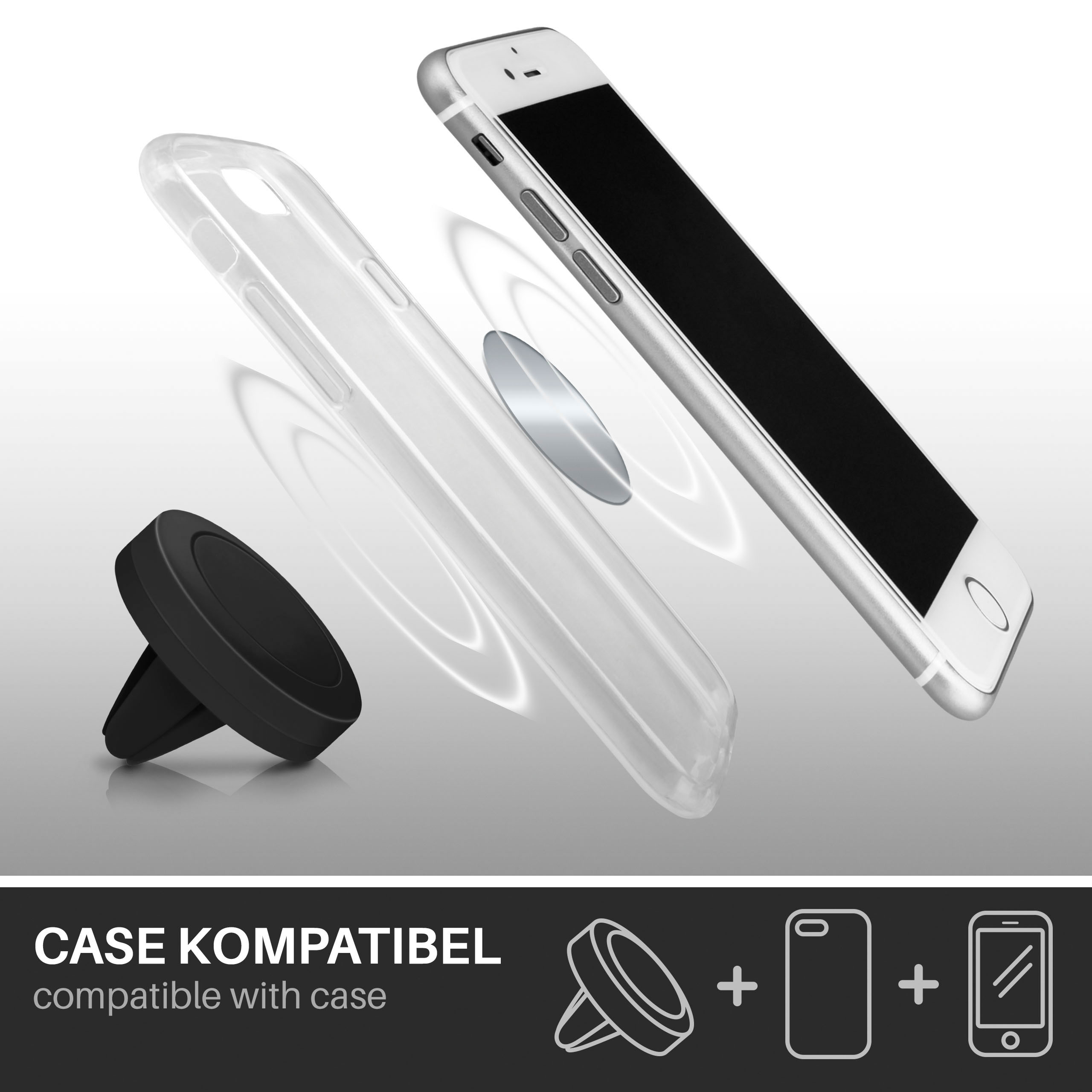 Ein Telefon, eine Hülle und eine Halterung. Hülle ist klar. Telefon ist silber. Halterung ist schwarz.