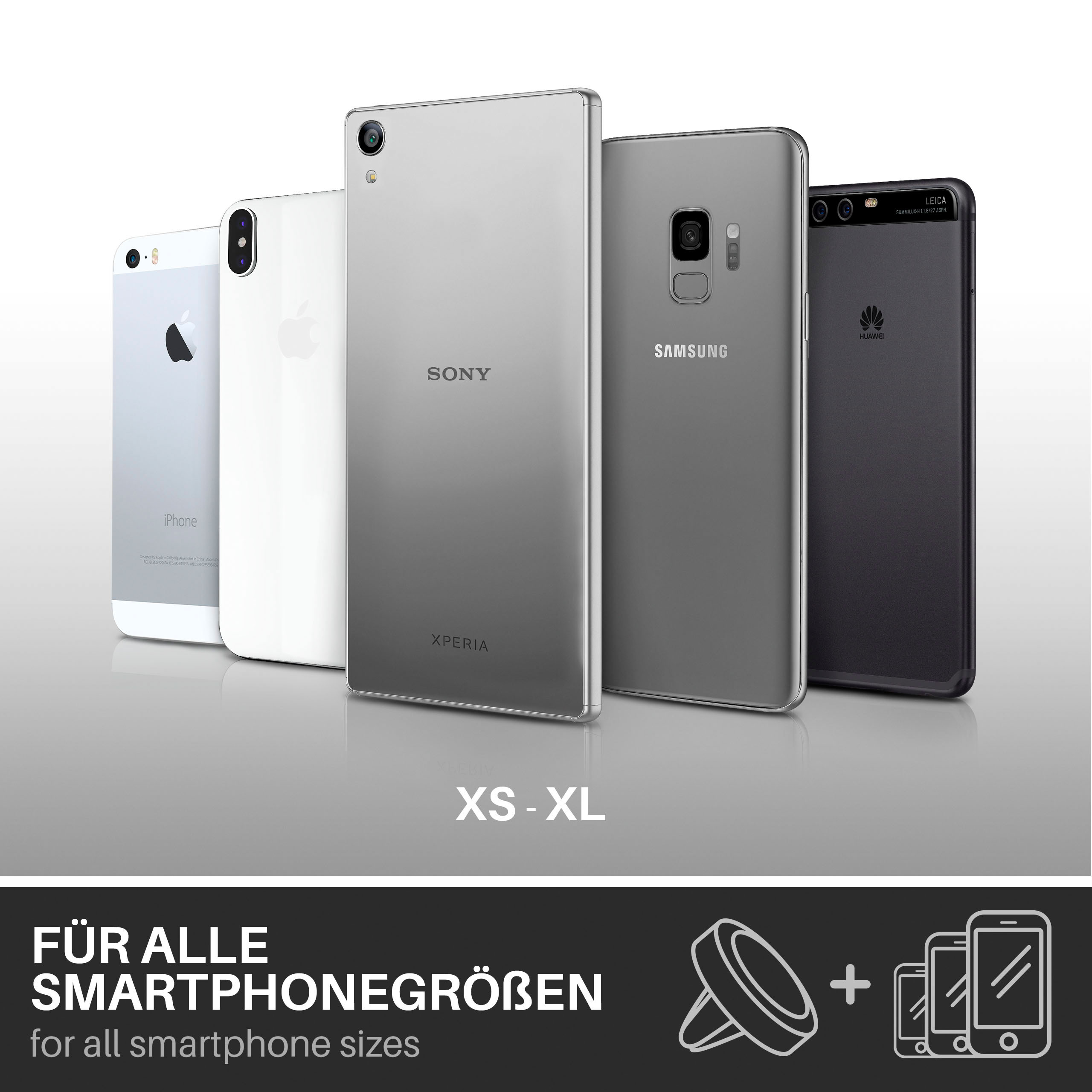 Fünf Smartphones in einer Reihe, verschiedene Marken, einige weiß und einige grau.