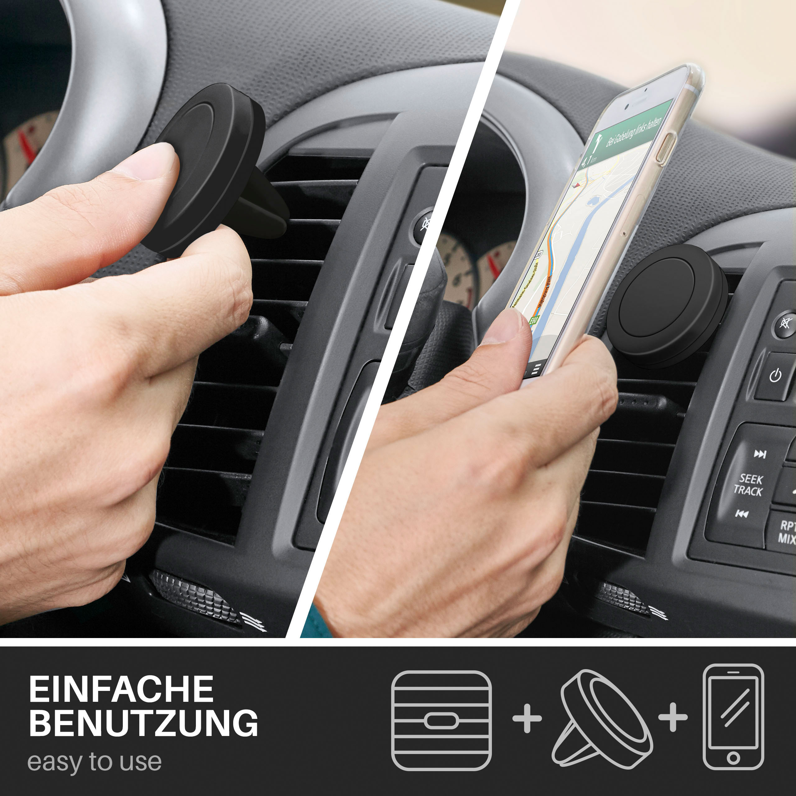 Armaturenbrett mit Telefonhalter in Gebrauch. Person legt Telefon auf Halter. Text: Einfache Bedienung.