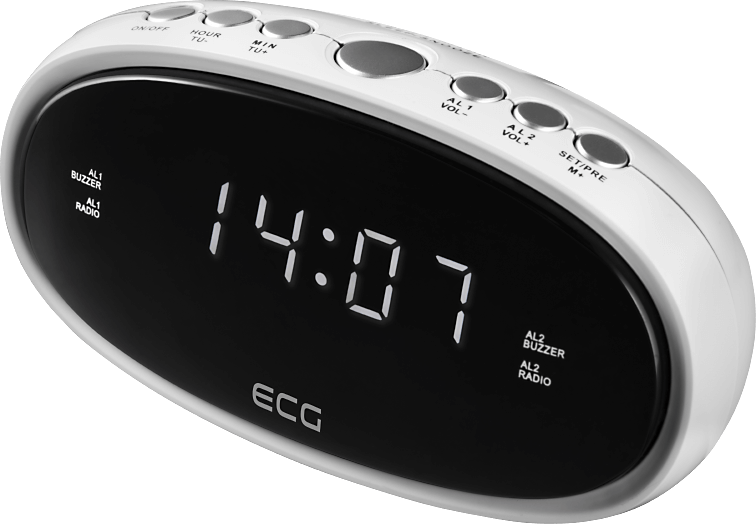 Ein weißer digitaler Wecker zeigt 14:07 an. Er hat Tasten für Einstellungen und Alarme. Die Marke ECG ist sichtbar.