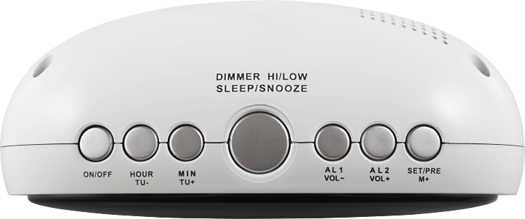 Ein weißer Wecker mit Knöpfen: 'ON/OFF', 'HOUR', 'MIN', 'AL1', 'AL2' und 'SET/PRE'. Darüber steht 'DIMMER' und 'SLEEP/SNOOZE'.