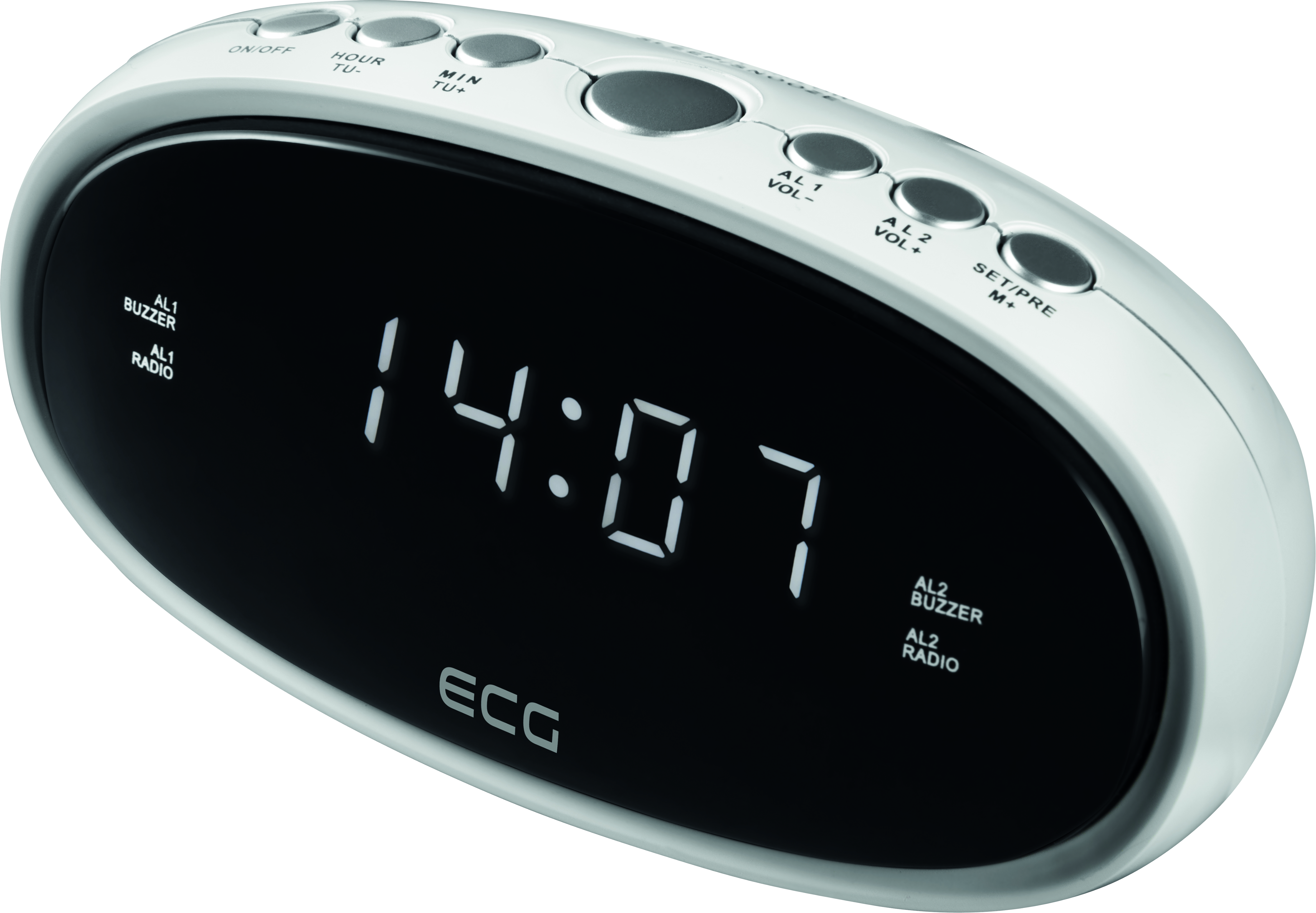 Weißer Wecker. Digitalanzeige zeigt 14:07. Weiße Knöpfe. ECG-Logo unten.