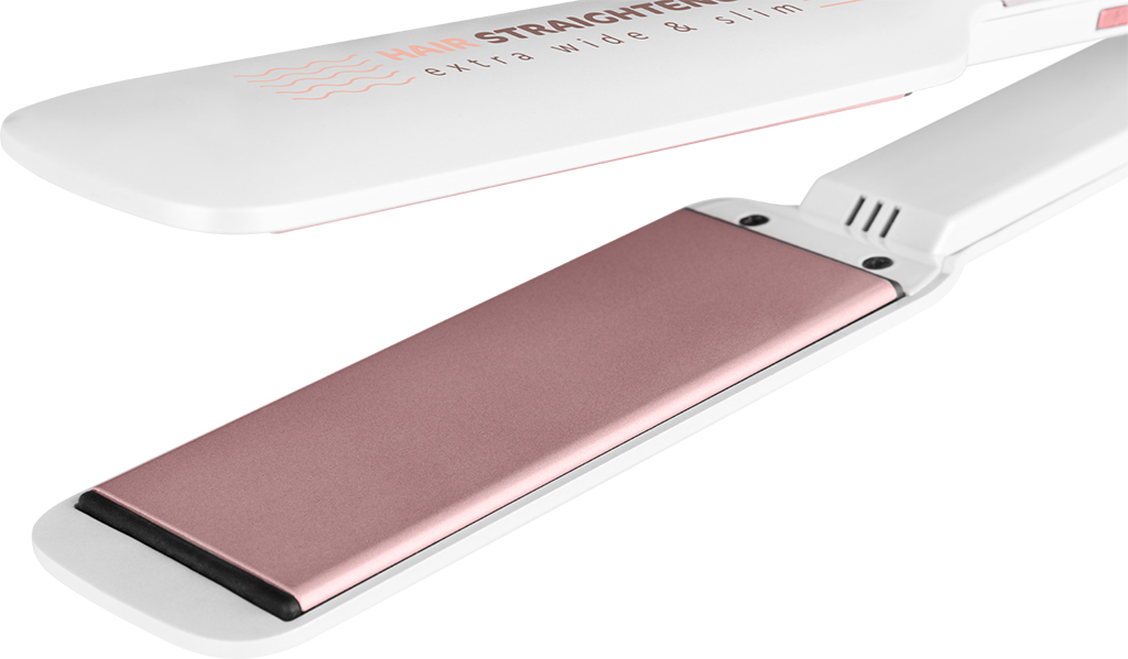 Weißes und roségoldenes Glätteisen, extra breit und schlank. Die Platten sind roségold.