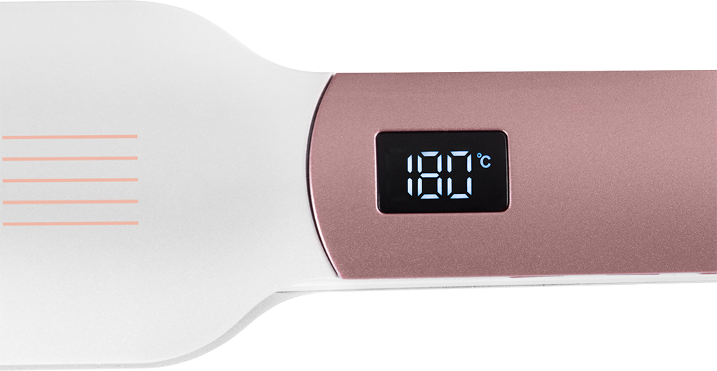 Haarglätter, weiß und roségold, mit digitaler Temperaturanzeige.