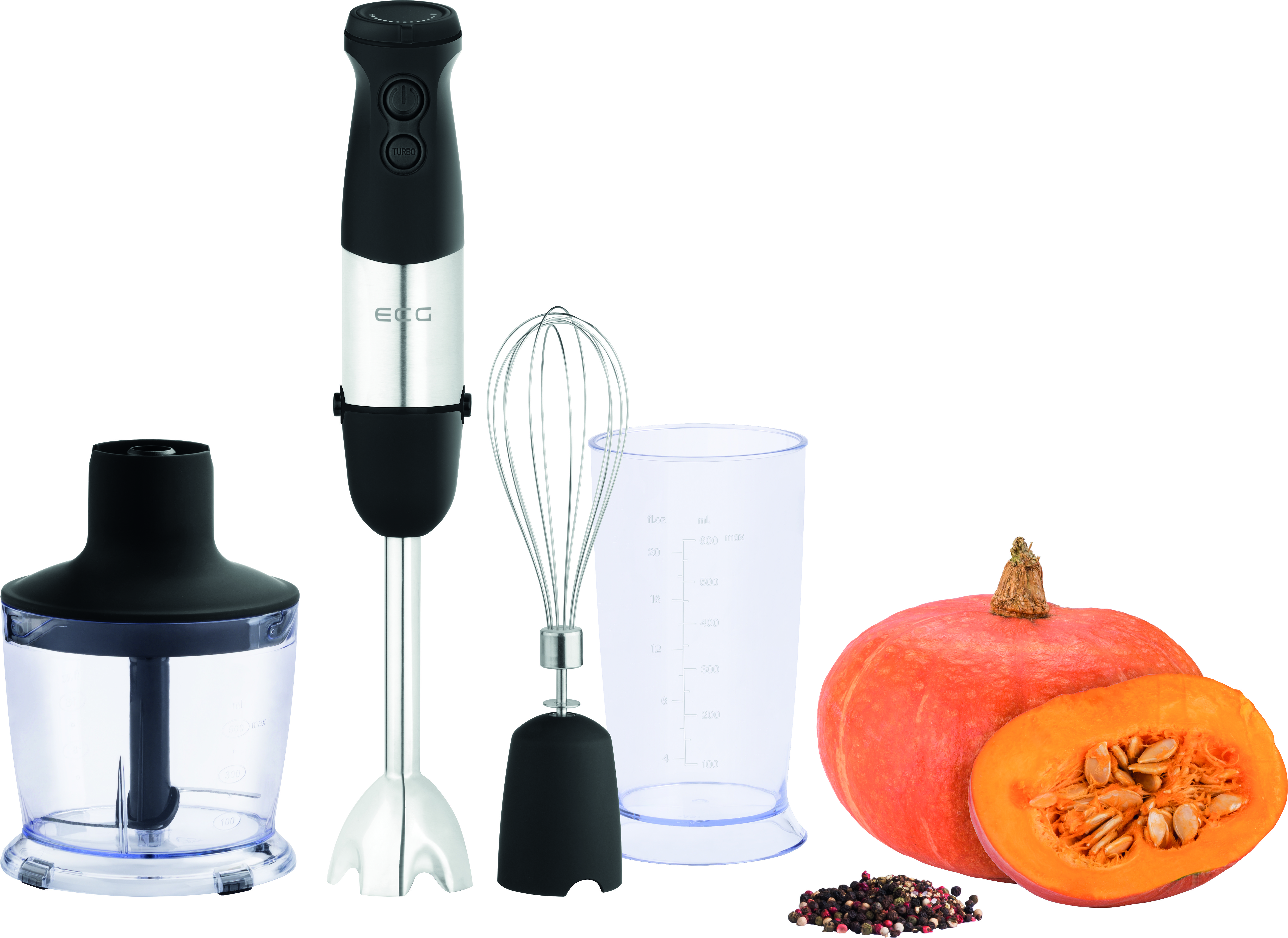 Blender ręczny z akcesoriami, plus dynia i przyprawy.