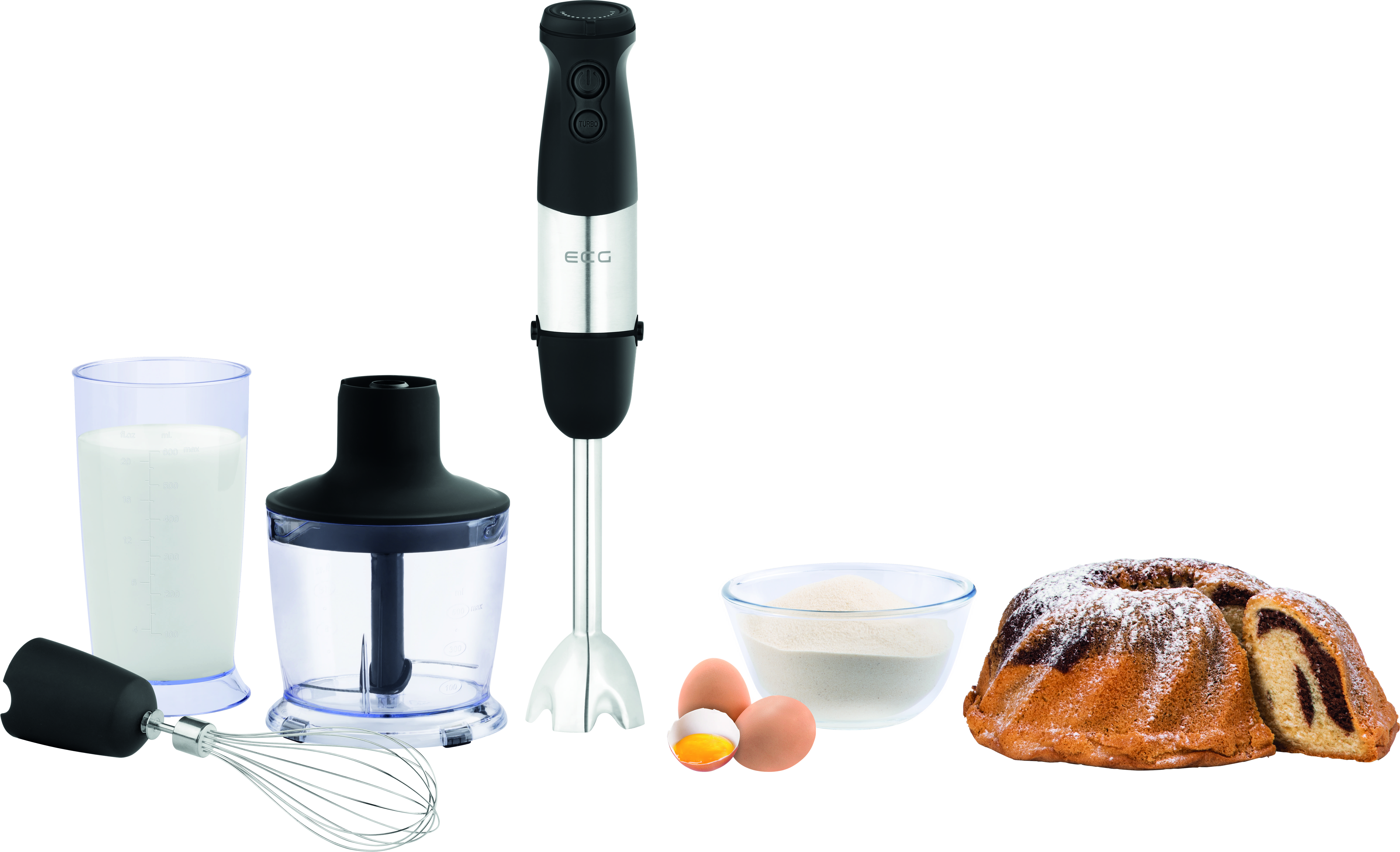 Blender ręczny, składniki do pieczenia: mleko, mąka, jajka i ciasto.