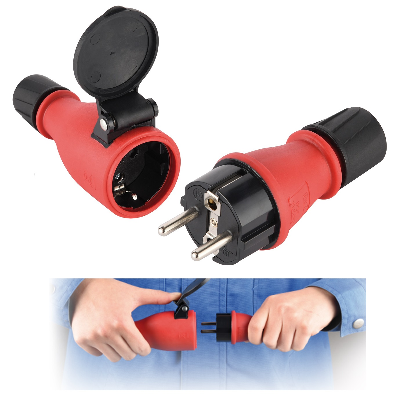 Zwei rote elektrische Stecker; einer ist geöffnet, um die Zinken zu zeigen.