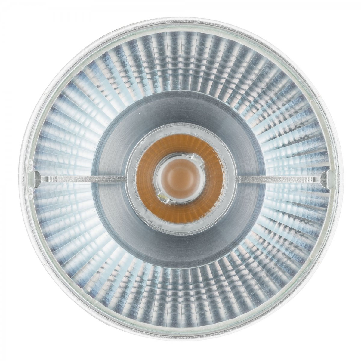 Okrągła żarówka LED ze srebrną ramką i centralnym źródłem światła.