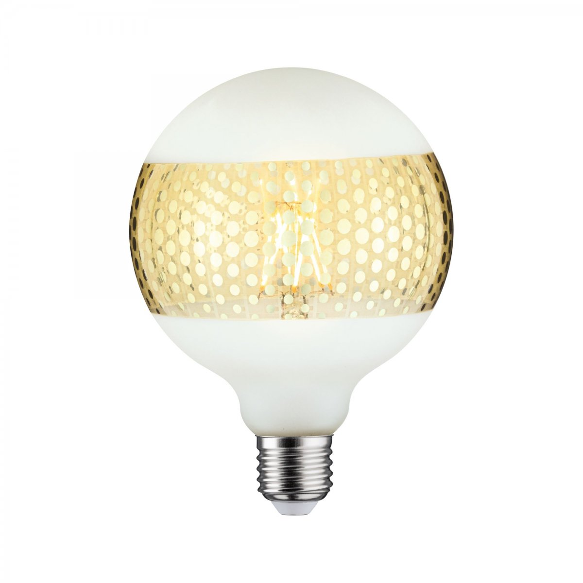 Una lampadina bianca e oro con filamento e base argentata.