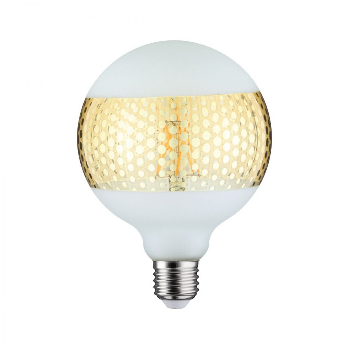 Una lampadina grande e rotonda con una fascia dorata. La lampadina ha una parte superiore e inferiore bianche.