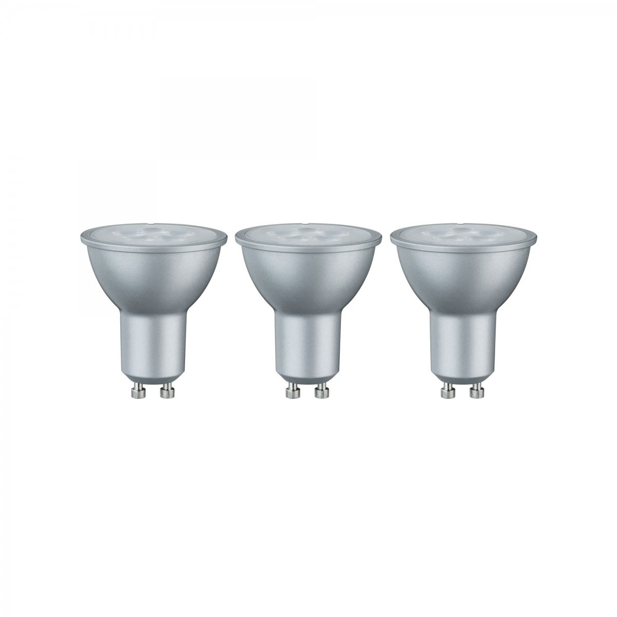 Trzy srebrne żarówki na białym tle. Każda ma srebrny korpus i czarną podstawę z pinami.