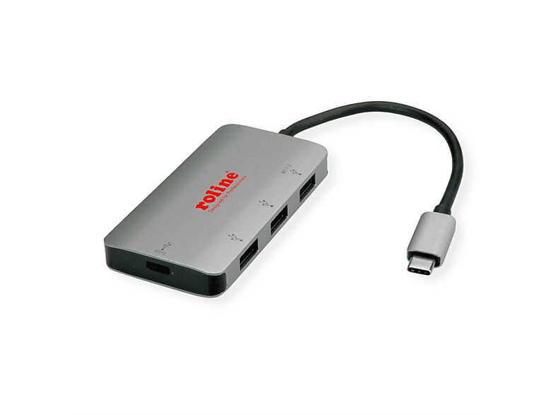 ROLINE USB 3.2 Gen 1 Hub, 3fach, Typ C Anschlusskabel (PD+Data), USB Hub, silberfarben