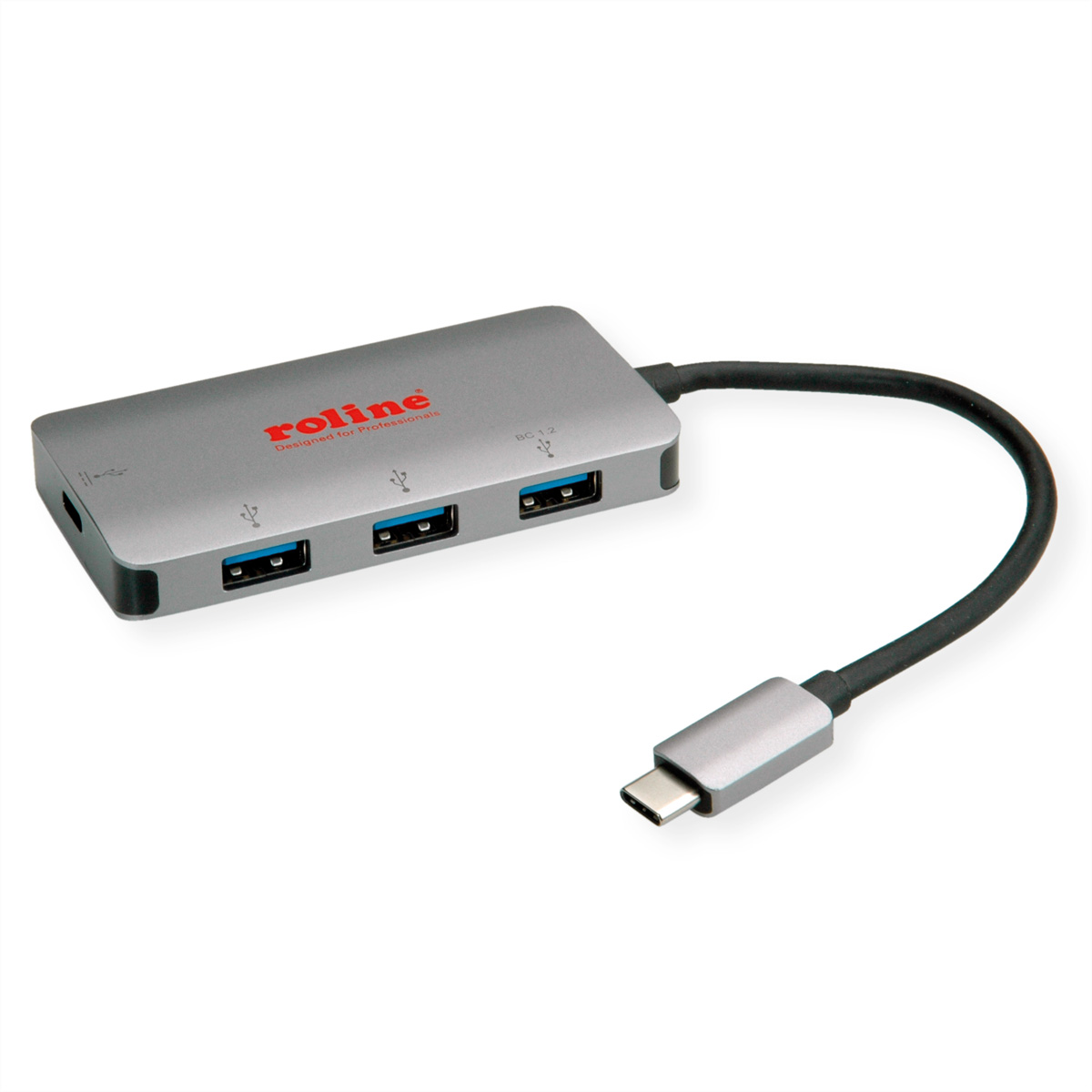 Ein grauer USB-Hub mit vier USB-Anschlüssen und einem USB-C-Anschluss. Der Markenname ist rot gedruckt.