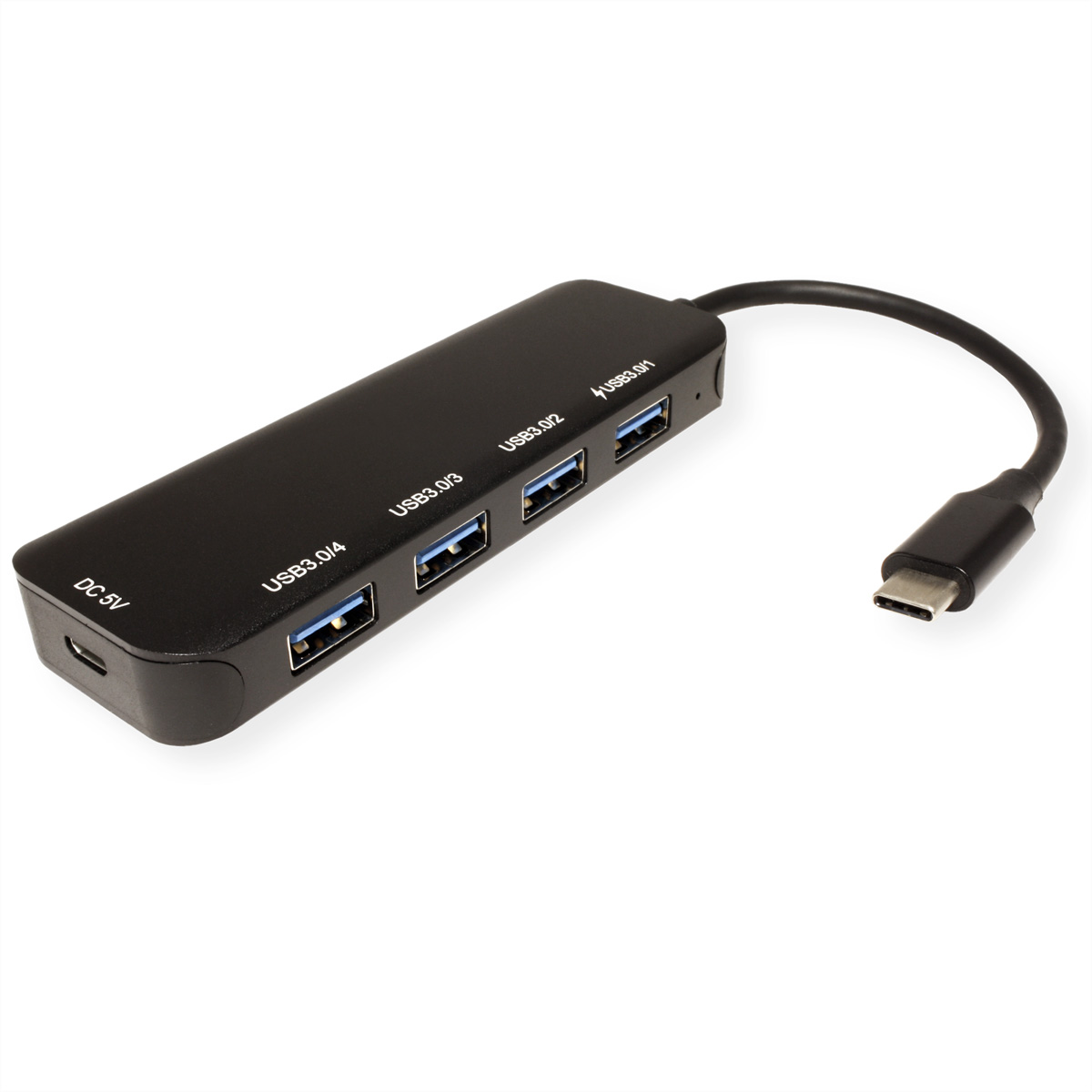 Schwarzer USB-Hub mit vier Anschlüssen und einem USB-C-Kabel. Weißer Hintergrund.