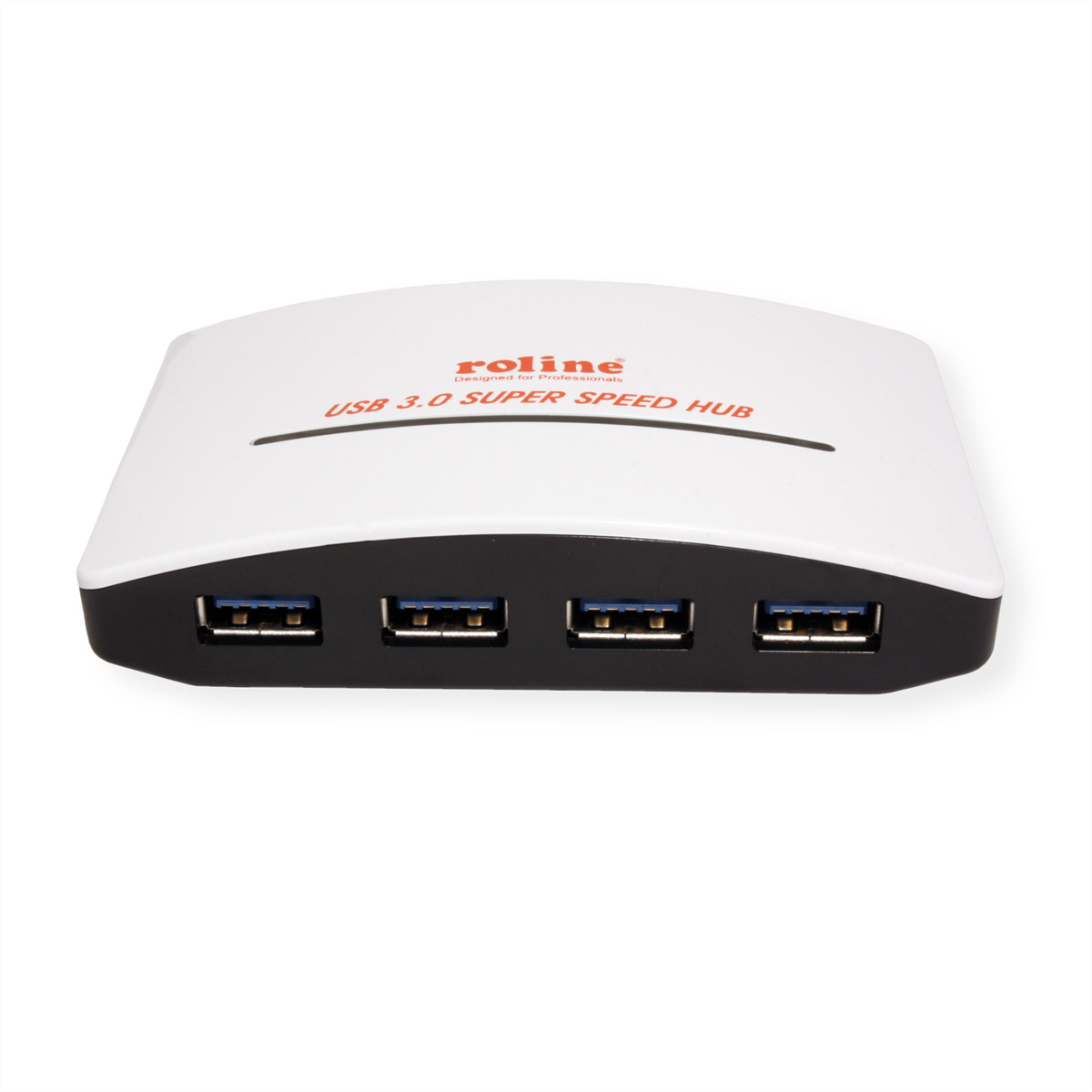 Ein weißer USB 3.0 Super Speed Hub mit vier USB-Anschlüssen, schwarzen Akzenten und weißer Oberfläche.