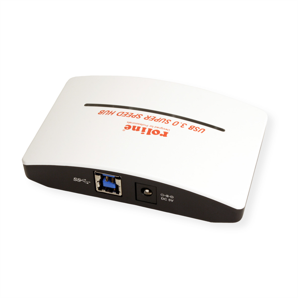 Weißer und schwarzer USB 3.0 Super Speed Hub mit blauem USB-Anschluss und DC 5V-Anschluss.