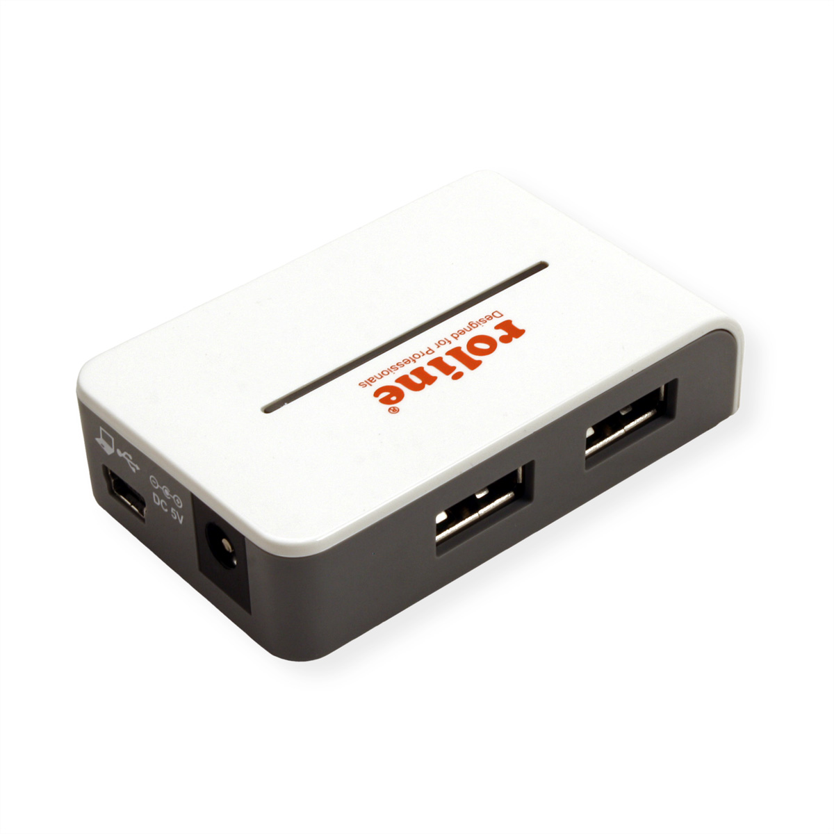 Ein weiß-grauer Roline USB-Hub auf weißem Hintergrund.