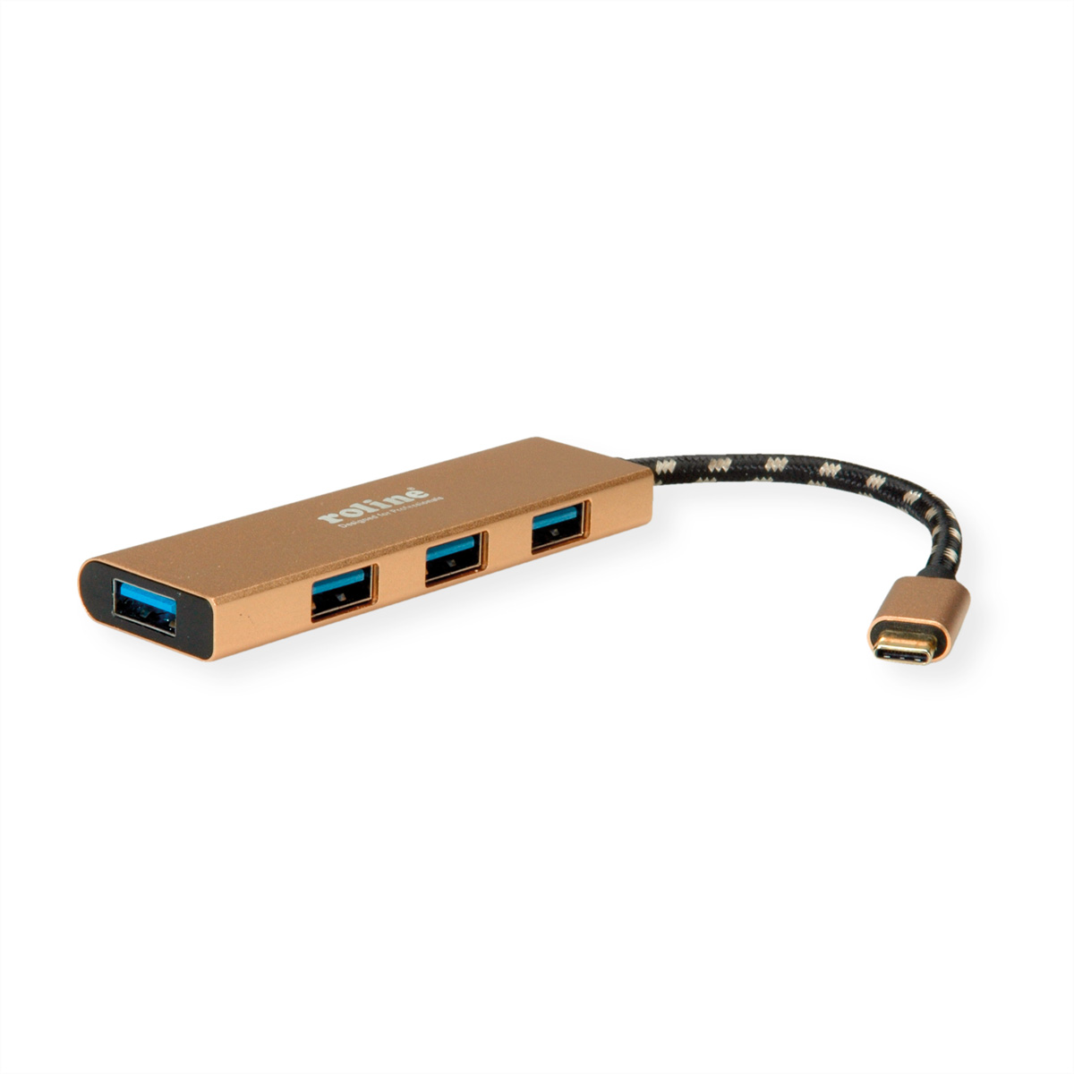 Goldener USB-Hub mit drei Anschlüssen und USB-C-Anschluss, weißer Hintergrund. Roline-Logo.