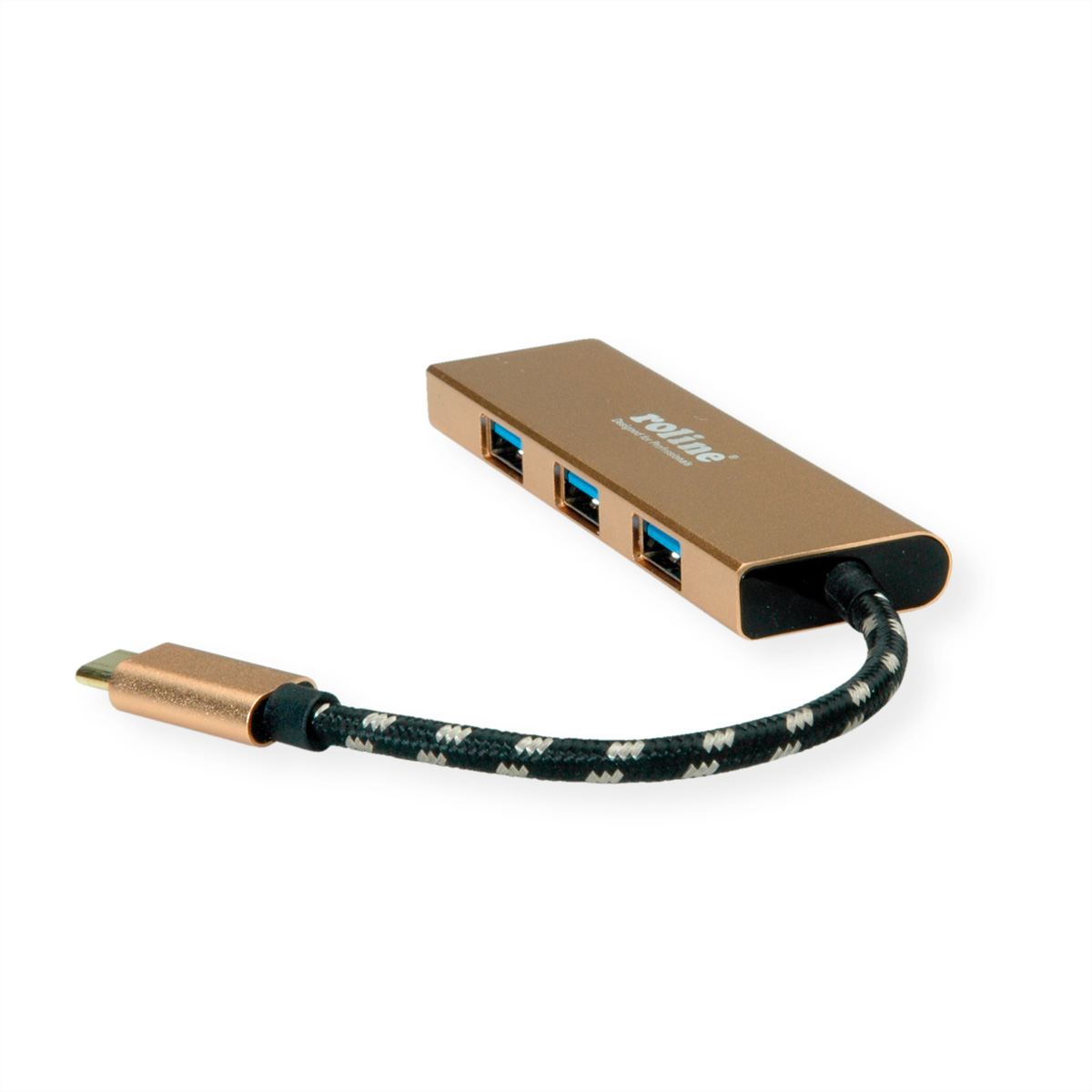 Ein goldfarbener USB-Hub mit mehreren Anschlüssen und einem schwarz-weiß gestreiften Kabel.